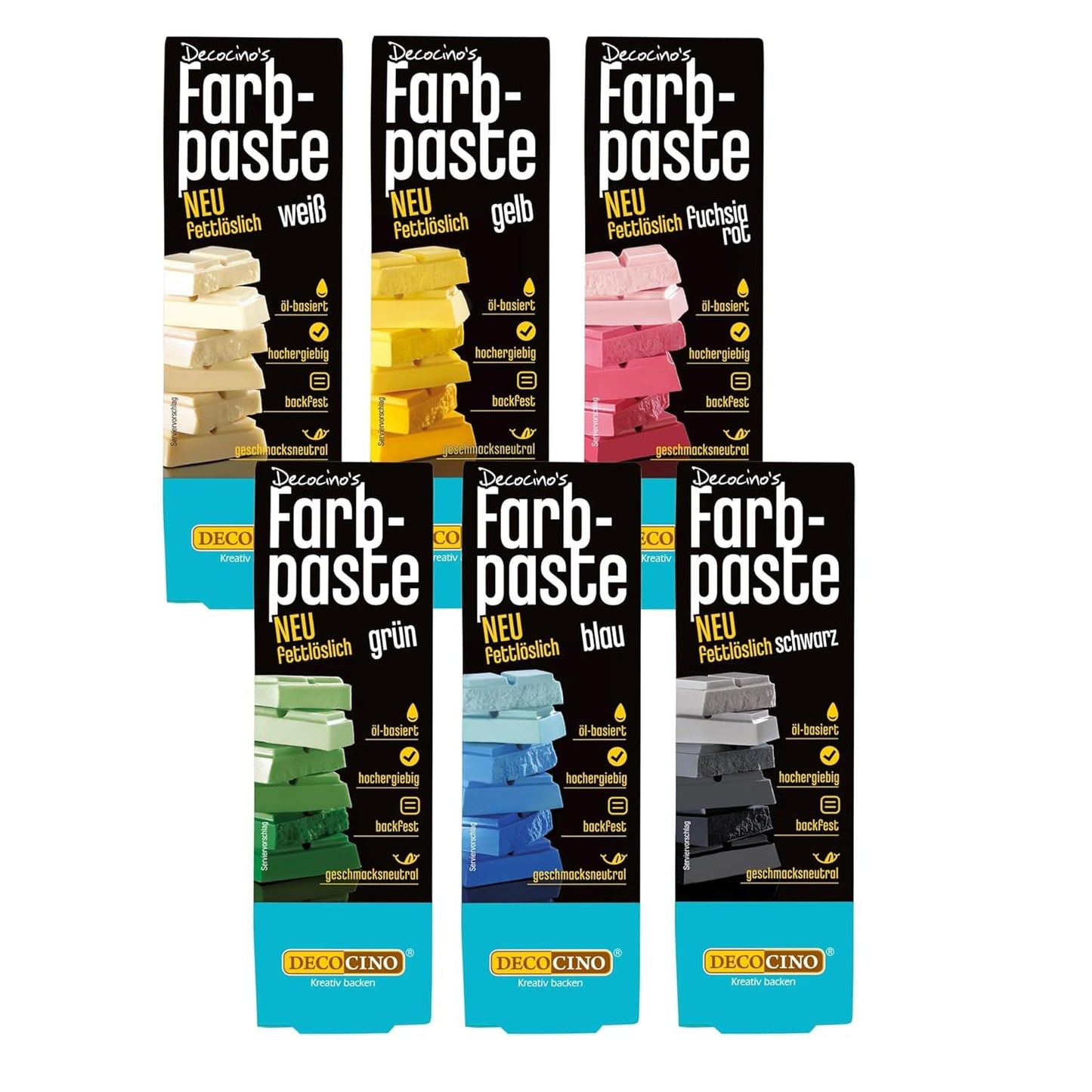 Decocino Pâte colorante liposoluble Lot de 6 - 6 x 15 g - Colorant alimentaire rouge, blanc, vert, jaune, bleu et noir, idéal pour colorer gâteaux, fondants et crèmes - Sans azoïque ni gluten