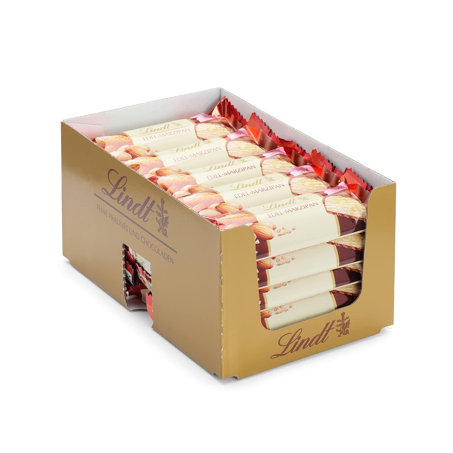 Présentation du dessus de chocolat Lindor | 1718 g and chocolate bars with marzipan | 25 barres x 50g en présentoir | 1250g | Pâte d'amande pure recouverte de chocolat noir | Barres de chocolat