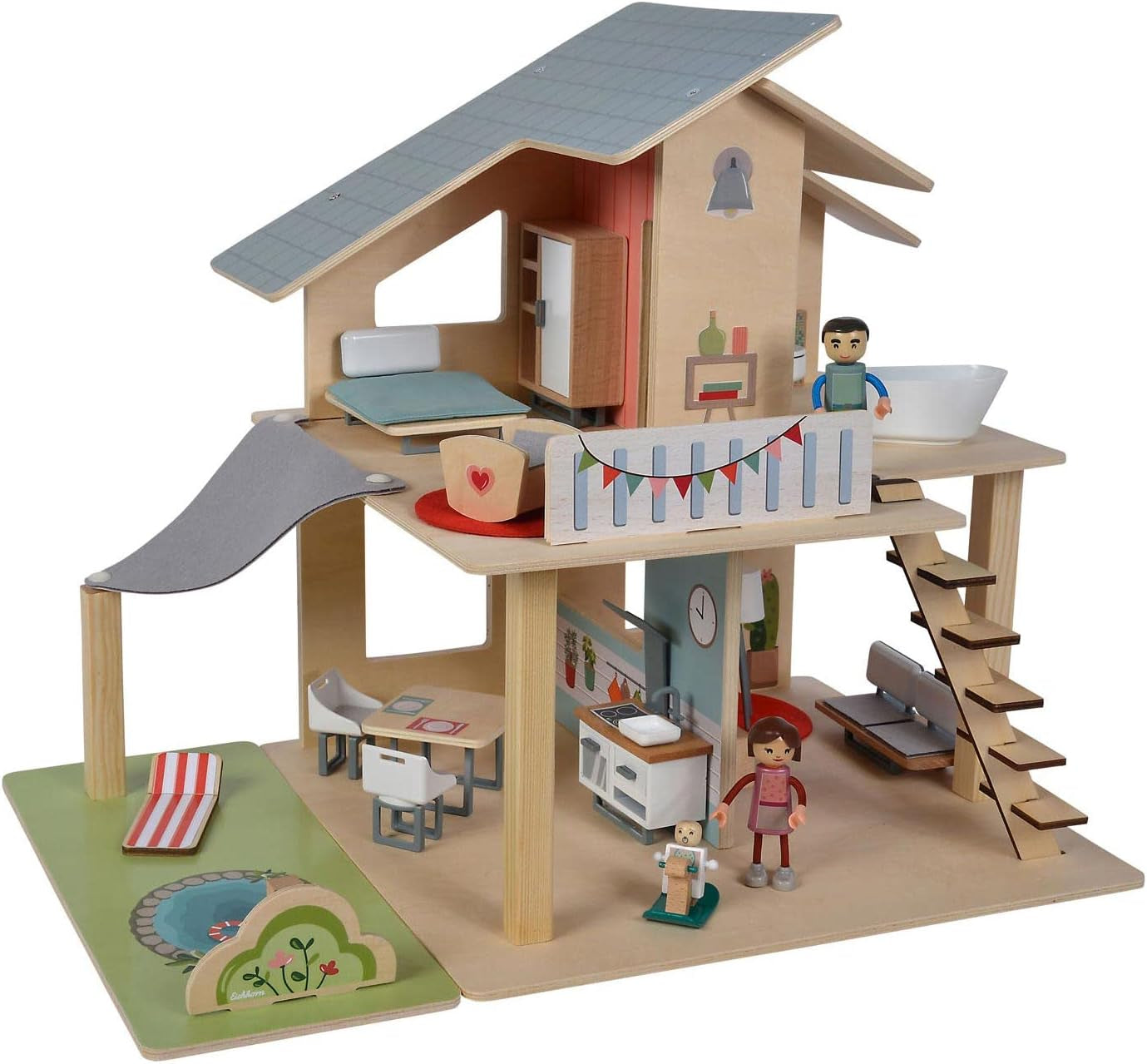 Eichhorn - Maison de poupée avec accessoires - incl. meuble et 3 figurines, non assemblés, en bois, 25 pièces, 53x36x44 cm, à partir de trois ans