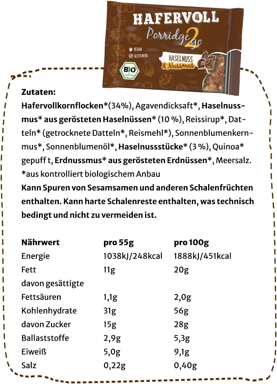 Hafervoll Porridge2go Beurre de cacahuète et noix, 13 barres x 55 g - Snack végétalien, biologique, sans gluten, sans sucre ajouté, avec avoine, dattes et bonbons au quinoa