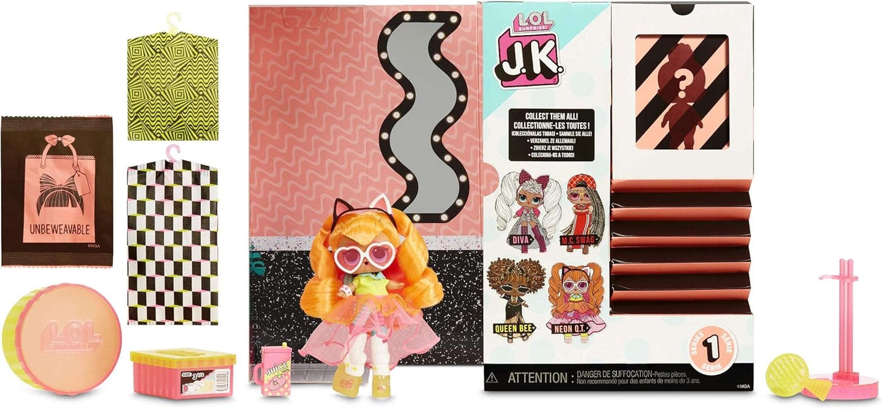 Mdr Surprise ! 570776E7CAZ Mini poupée mannequin JK - 15 surprises, vêtements et accessoires - Objets de collection - Neon QT