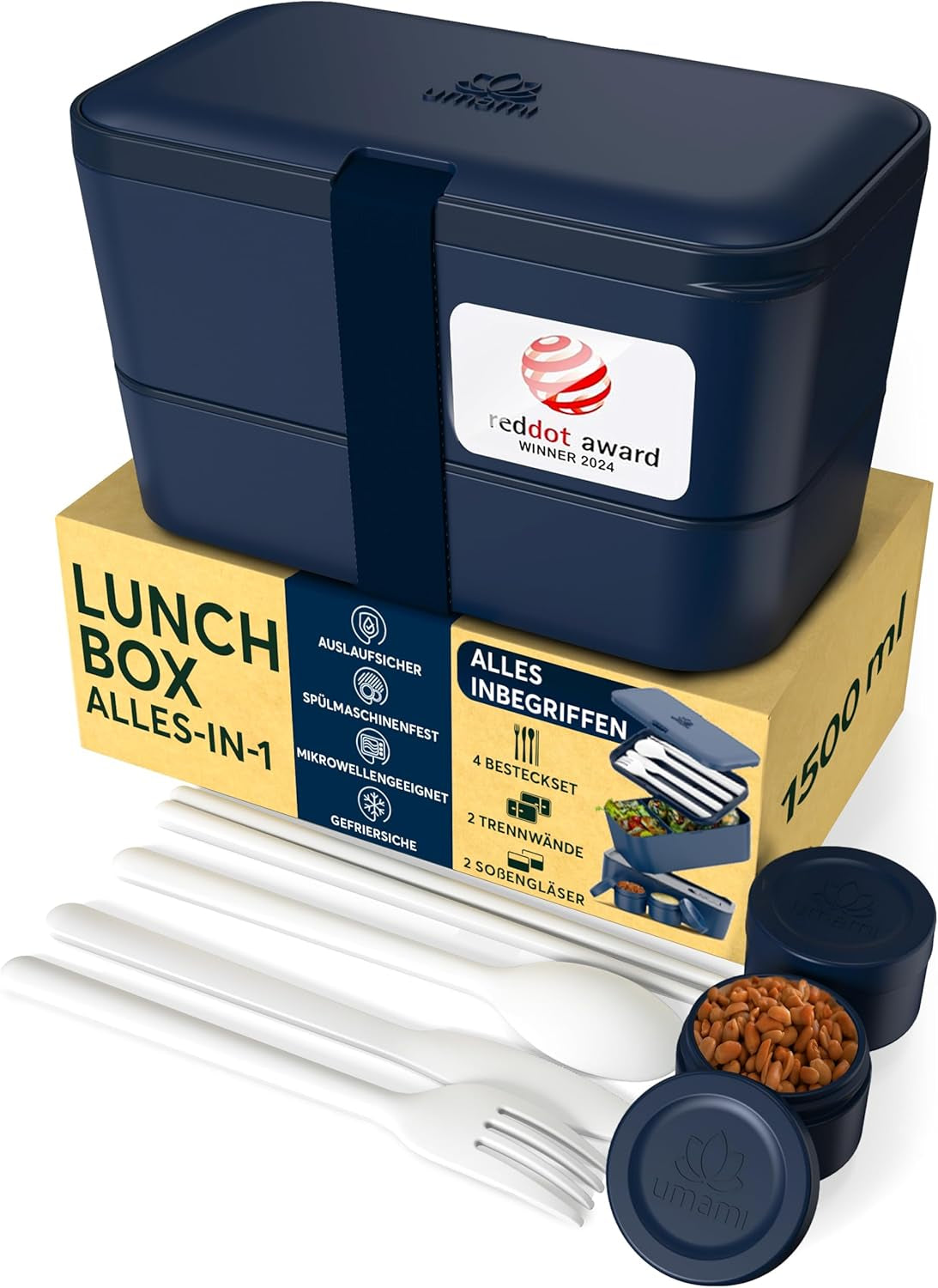 Umami Boîte à déjeuner pour adultes, boîte à bento empilable étanche avec 4 couverts et compartiments, boîte à déjeuner adulte, récipient à salade à emporter, boîte à déjeuner pique-nique/bureau, gris anthracite, 1500 ml