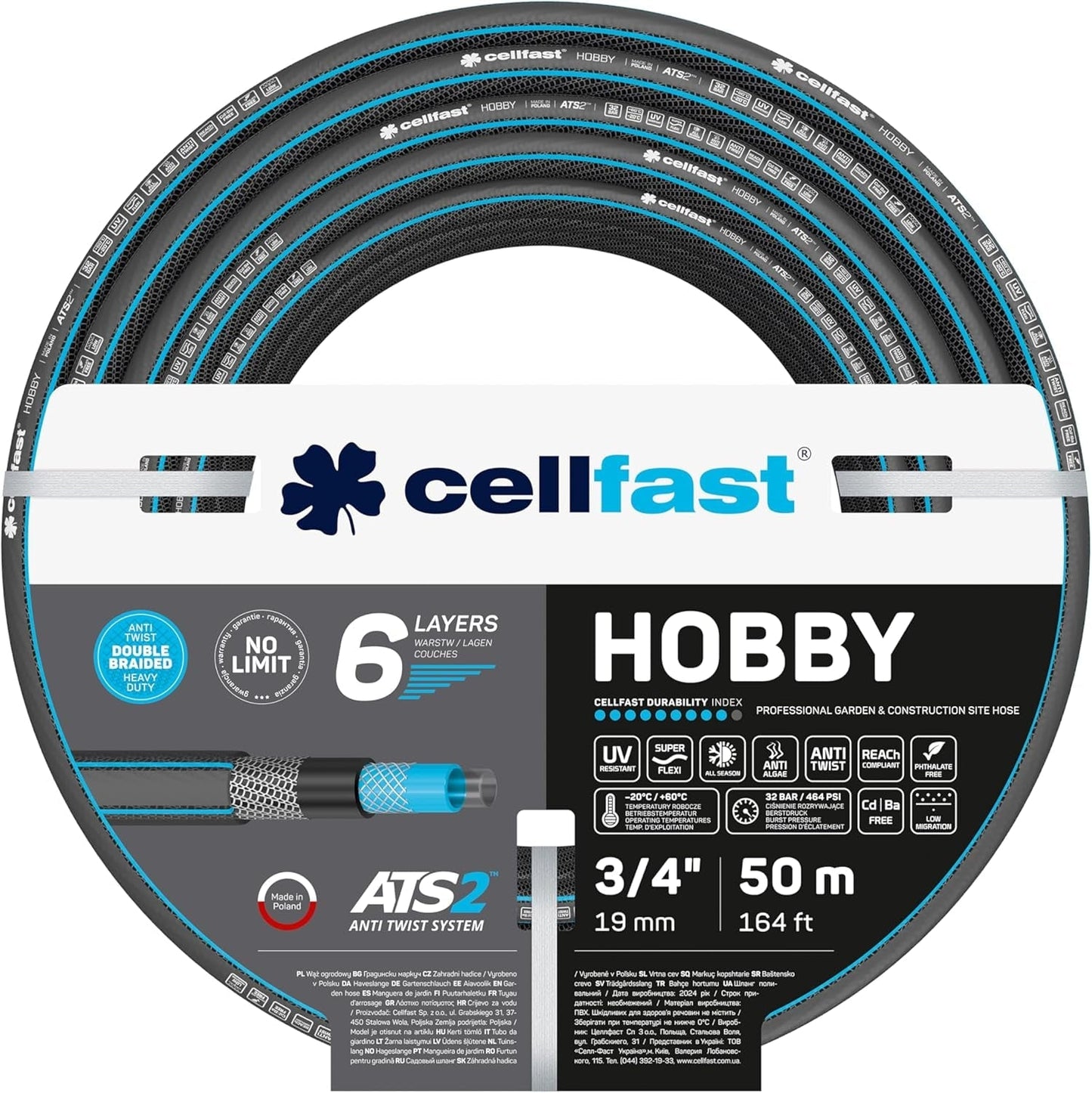 CELLFAST Tuyau d'arrosage Tuyau d'arrosage 6 Couches Tuyau d'irrigation en Tissu Double tressé résistant aux UV Tuyau Flexible Anti-algues 32 Bar 1 Pouce 25 mètres Hobby