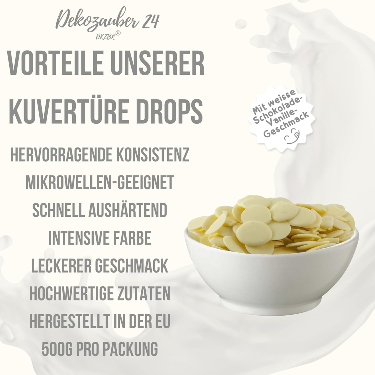 Gouttes de couverture Dekozauber24, blanches, 500g, au goût chocolat blanc et vanille, chips Deco Melts, passent au micro-ondes, pour cake pops, gâteaux, tartelettes, dégoulinants ou glaçages Naty Shop Sugarpaste
