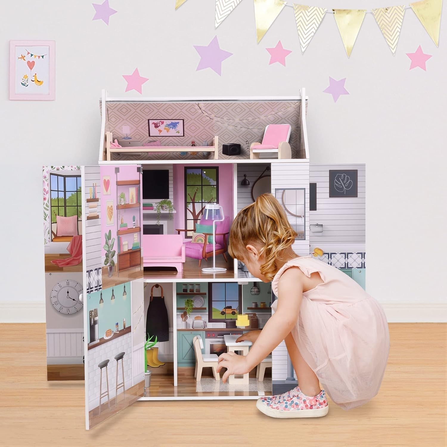 Olivia'S Little World Dreamland Farmhouse Maison de poupée interactive en bois pour enfants 3 étages avec 13 accessoires de meubles de poupée Blanc TD-13632A Maisons de poupées Naty Shop