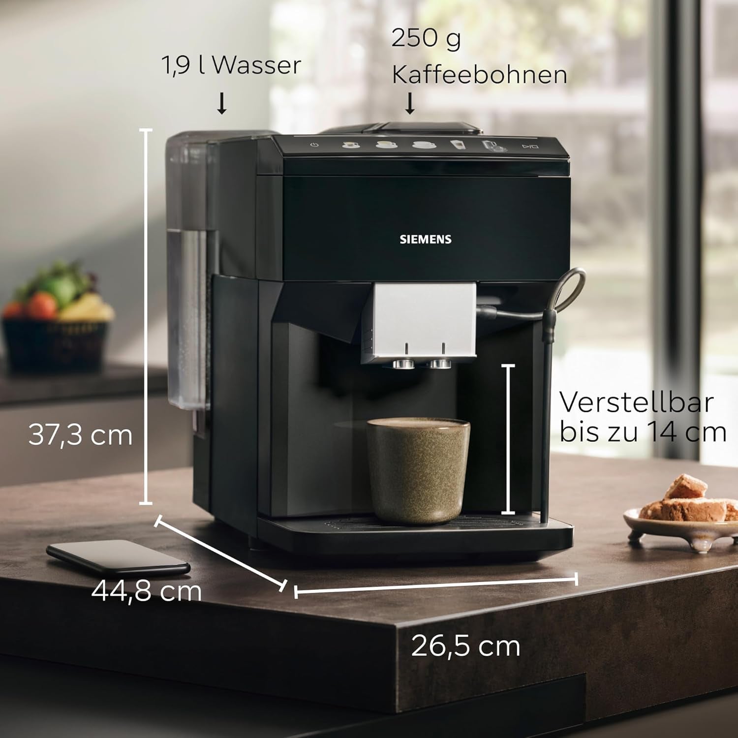 Machine à expresso automatique classique Siemens EQ500, écran couleur TFT, 5 types de café et de lait, fonction double tasse, nettoyage facile, unité de percolation amovible, avec tuyau à lait, noir, TP511E19