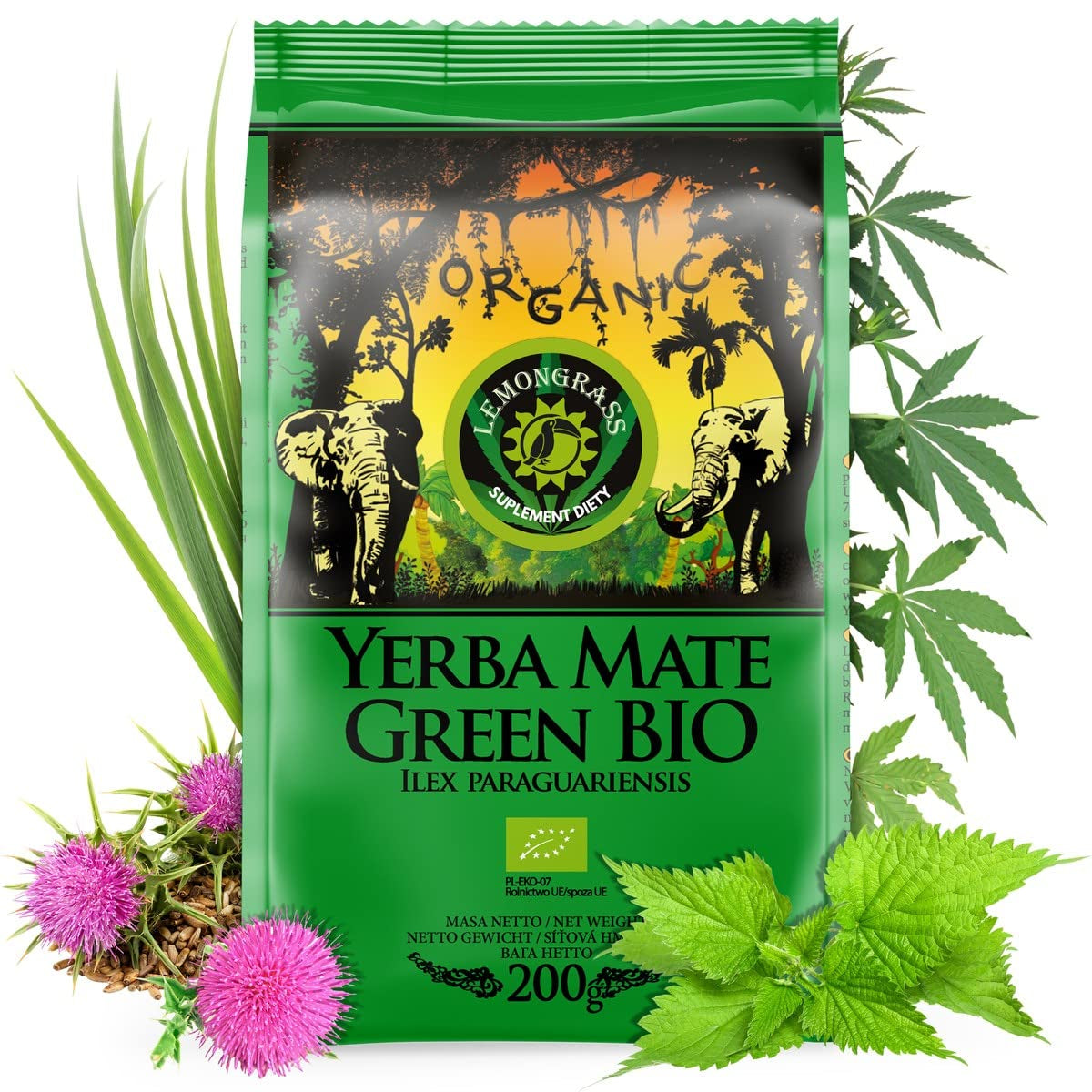 Thé Mate biologique BIO ● Thé Yerba Mate à la citronnelle ● 200 g de Thé Mate brésilien frais ● Non torréfié, séché à l'air chaud ● Uniquement des ingrédients biologiques ● Thé vert en vrac