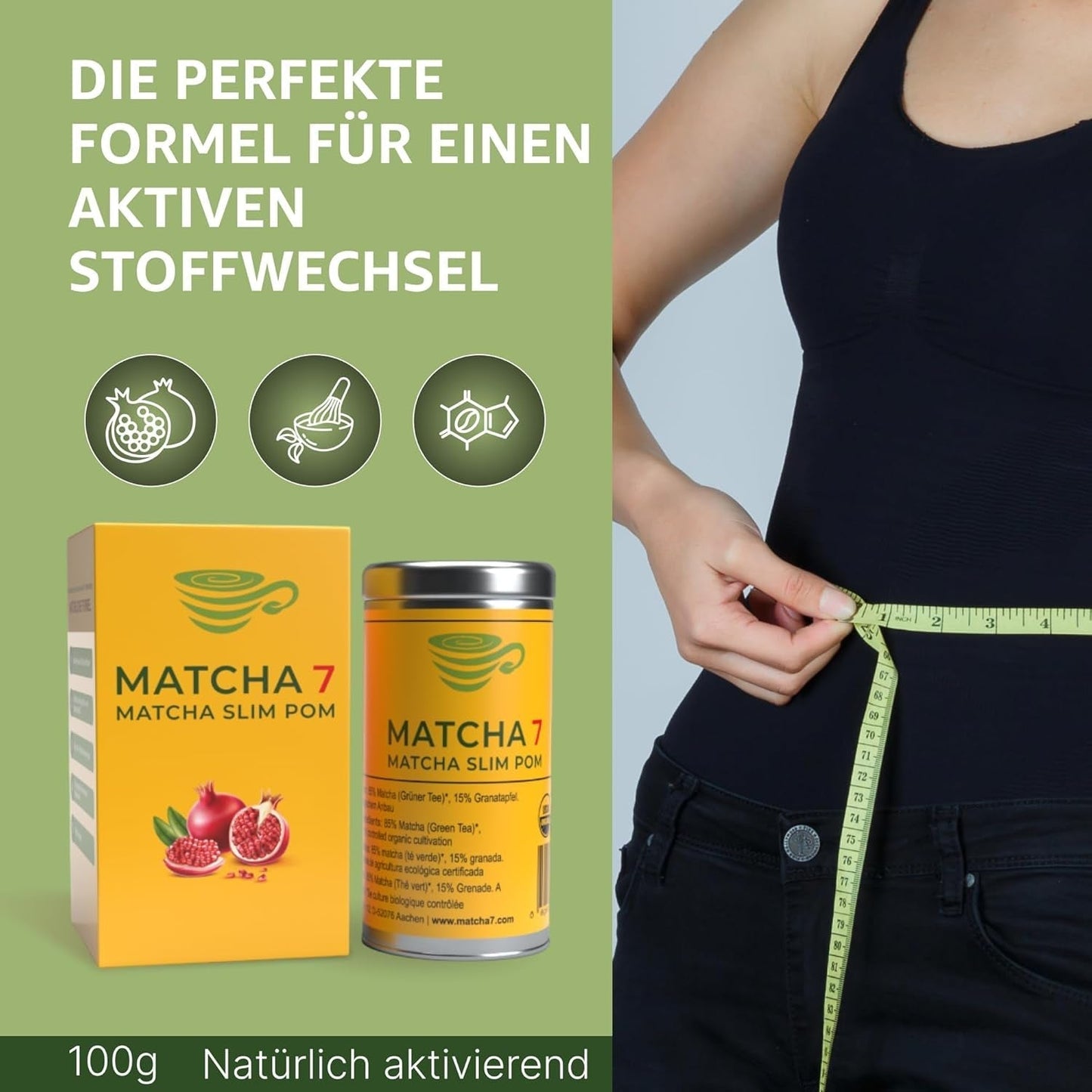 ® Poudre de Matcha de Cérémonie X Grenade 100G [Soutient la perte de poids et le métabolisme] - Thé vert pour un mode de vie actif et sain - Thé vert sans additifs (pur et naturel)
