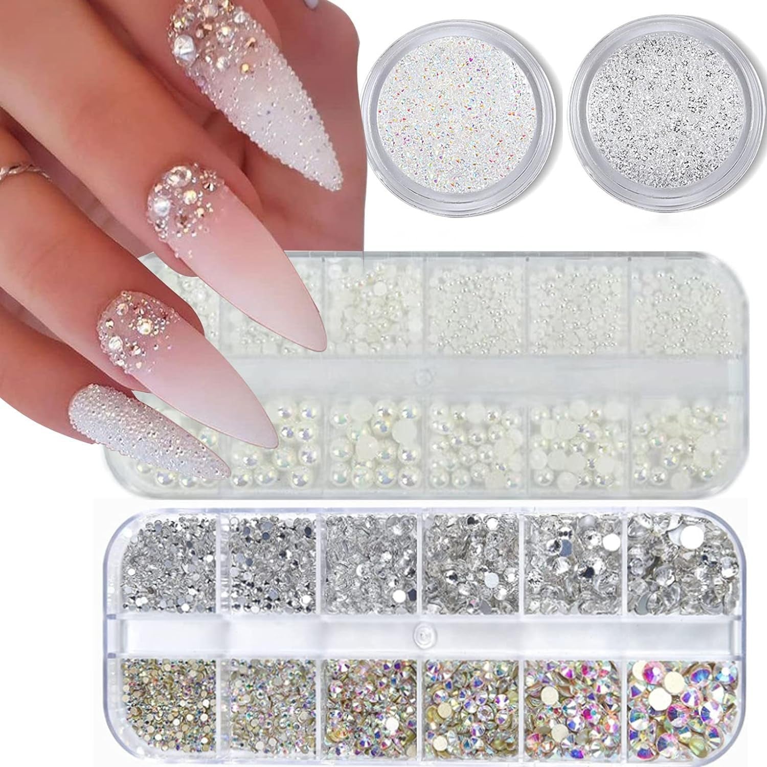 GZMAYUEN Nail Art Perles Micro Caviar pour Nägel, 0.3-3Mm Argent Doré Mini Caviar Strasssteine, Weiß Beige Mini Nägel Perlen Microperlen Décoration pour Nägel