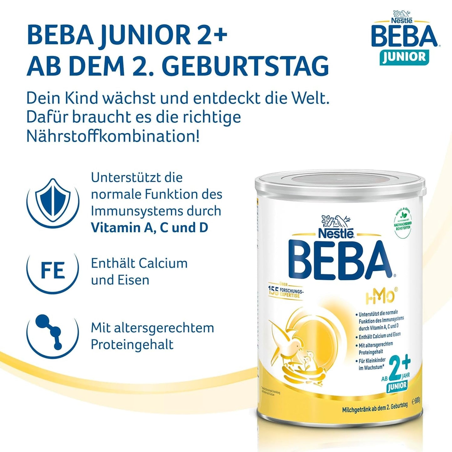 Boisson lactée BEBA Junior 2+ à partir de 2 ans, Avec HMO, Teneur en protéines adaptée à l'âge, Lactose uniquement, Sans huile de palme, Sans huile de poisson, Aliments pour tout-petits, Lait en poudre pour bébé, Lot de 3 (3 x 800 g)