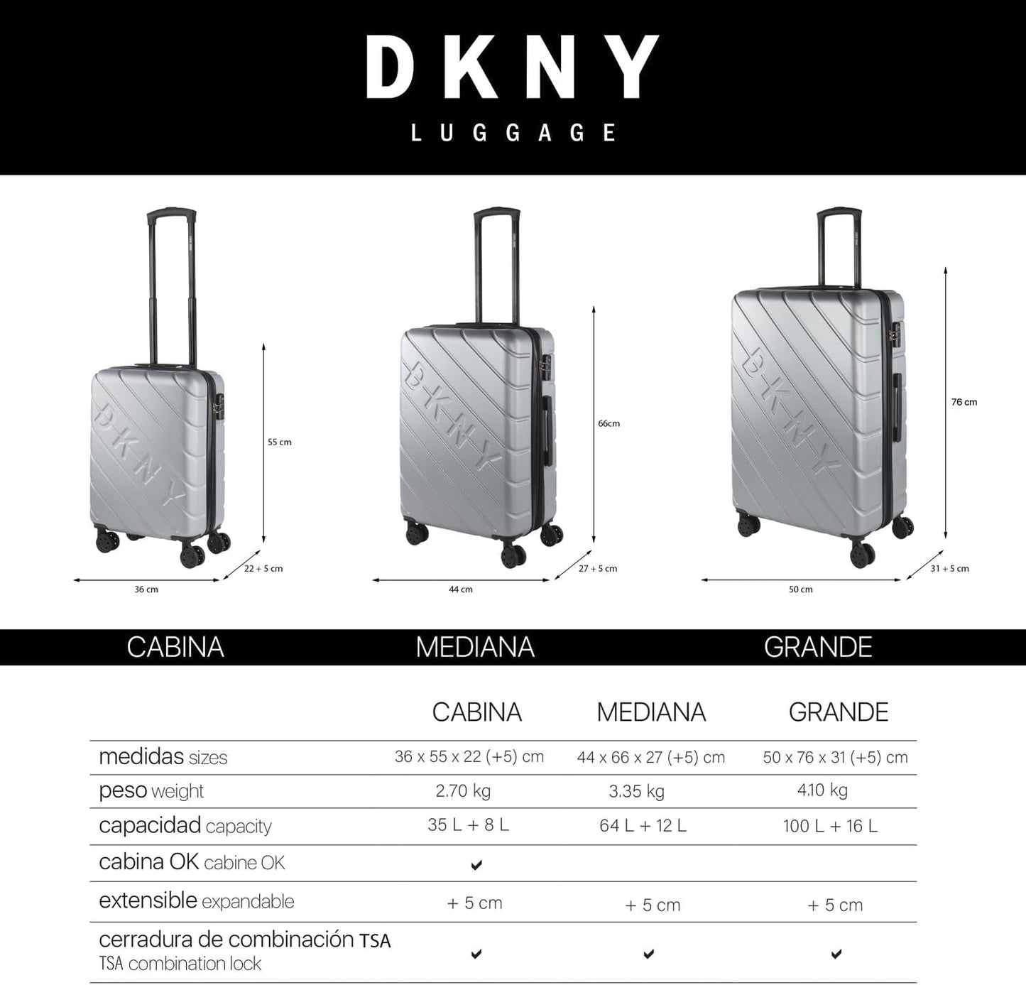 DKNY - Grande Valise 4 Roues Grande Valise Légère - Grande Valise de Voyage à Roulettes. Grande valise de voyage avion Valise à coque rigide avec fermeture certifiée - Grande valise à roulettes Argent Bagages et équipements de voyage Naty Shop