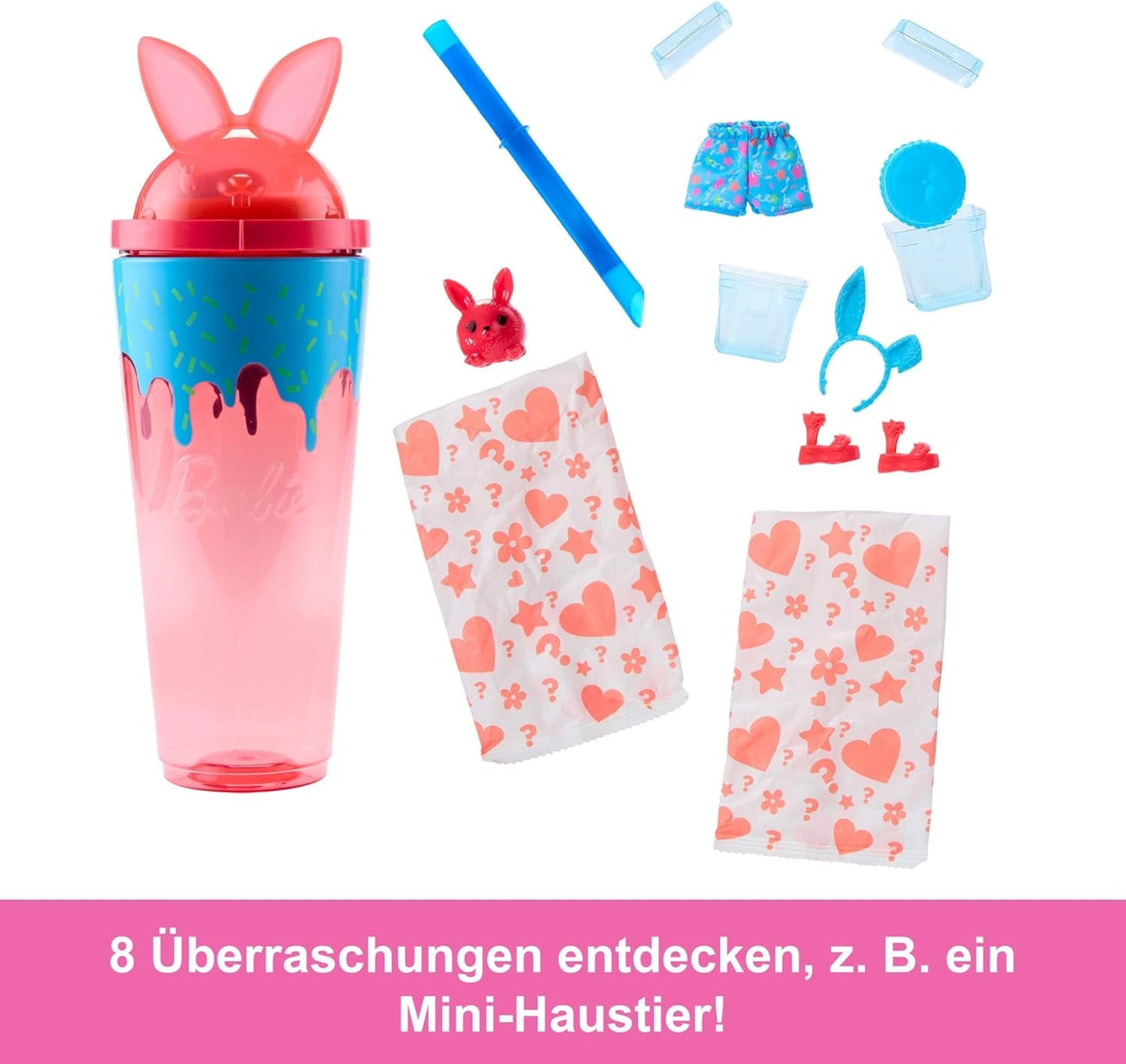 Barbie Pop Reveal – ensemble de poupée et accessoires, série Shakes, jolie poupée tendance chaton parfumé et animal de compagnie avec 8 surprises, y compris changement de couleur JCN87