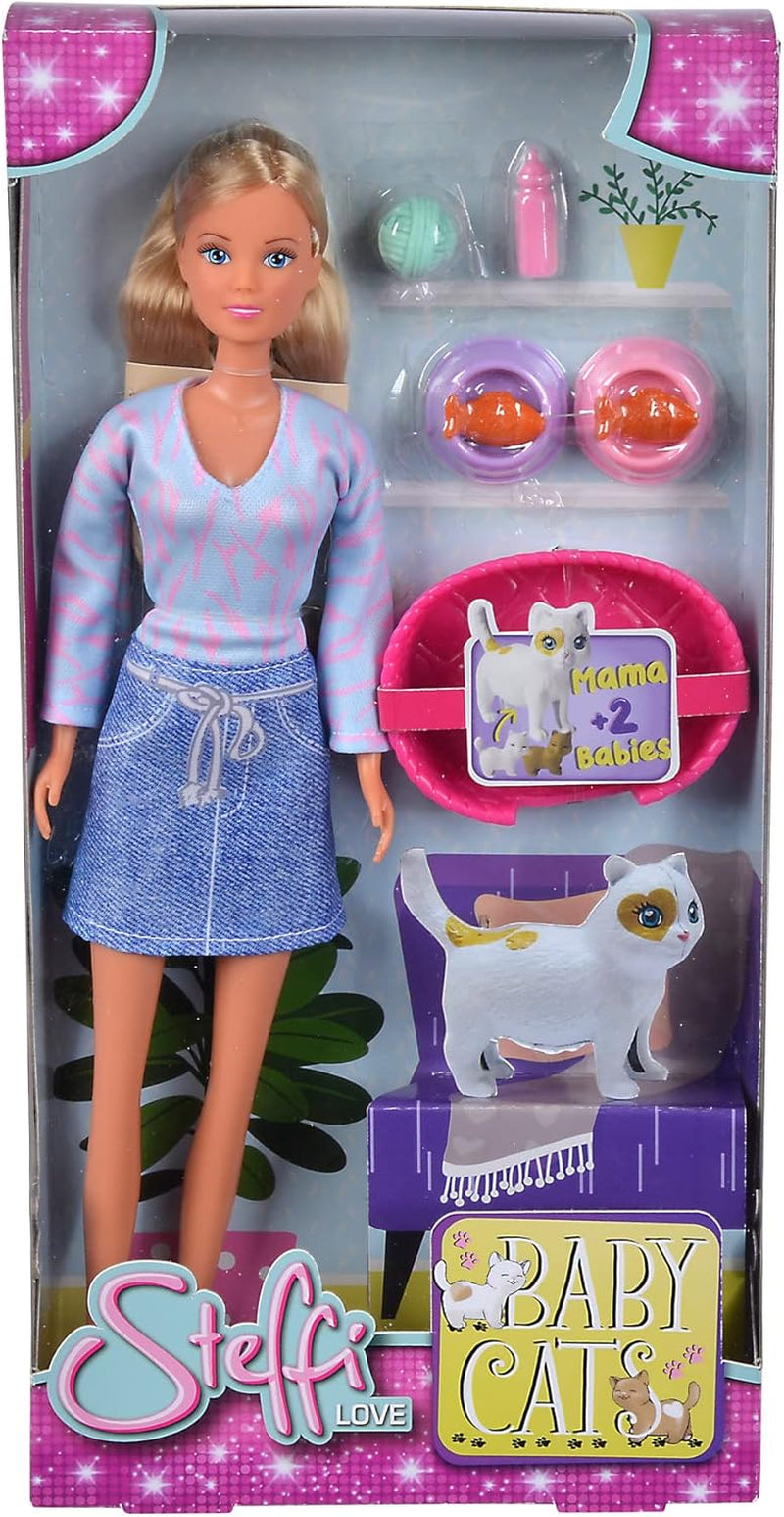 Simba Steffi Love Baby Cats, poupée de jeu dans un pantalon moderne avec des chats et deux bébés bébés doux, ensemble, 29 cm, à partir de 3 ans