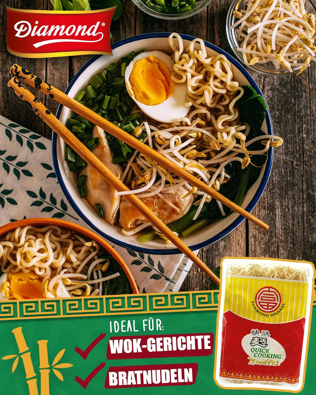 Nouilles instantanées sans œufs DIAMOND, nouilles au wok et plats d'accompagnement à la farine de blé instantanée - 4 x 500 g