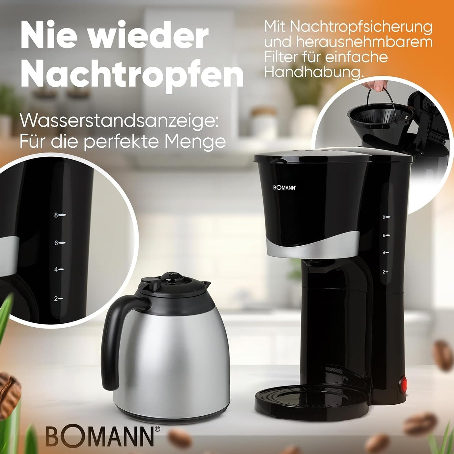 Cafetière Bomann® avec thermos | pour 8 à 10 tasses de café | sans perte de température | cafetière avec filtre | 1 litre | Expresso | Cafetière filtre avec thermos | KA168 noir