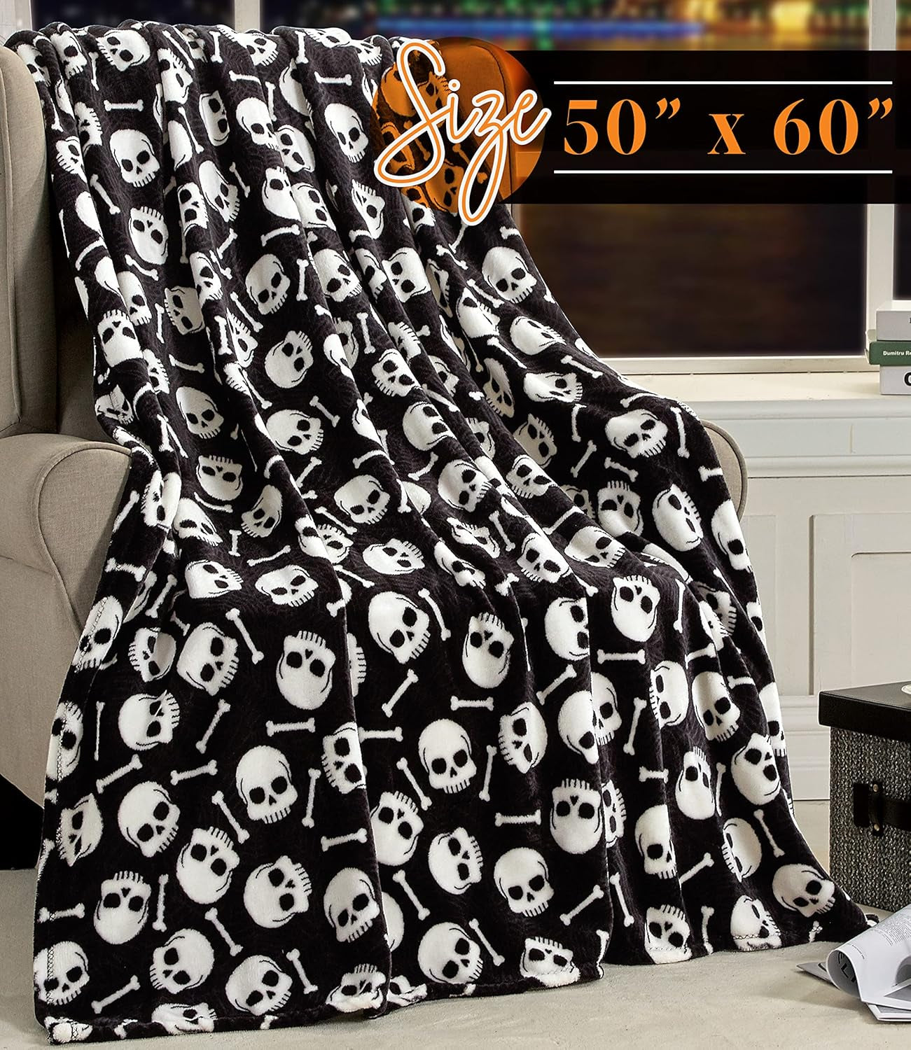 Couverture légère et confortable sur le thème d'Halloween, douce, confortable et moelleuse, parfaite pour se détendre en cette saison effrayante, 127 x 152,4 cm, tête de mort et os, lits et couettes confortables élégants