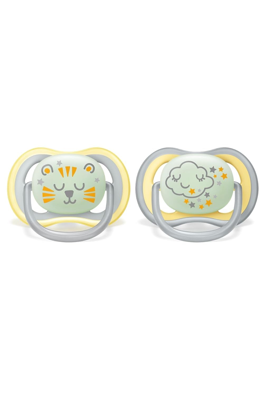 Philips AVENT Sucette de nuit Ultra Air pour bébés de 18 mois et plus qui brillent dans le noir, pack de deux nuages/tigre (modèle SCF376/01)
