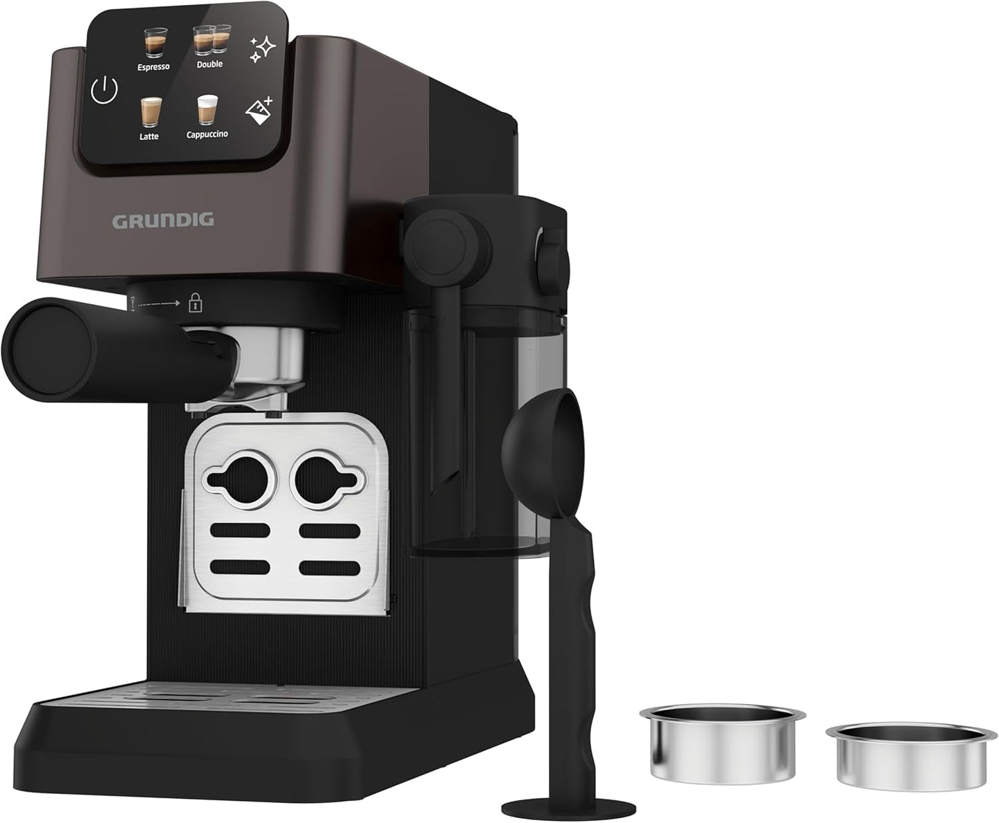 Machine à expresso porte-filtre GRUNDIG KSM 5330 avec réservoir à lait intégré, puissance 1628 W, pression de pompe 15 bar, double buse, écran tactile couleur, BrewSense, CreamyPro, acier inoxydable foncé/noir