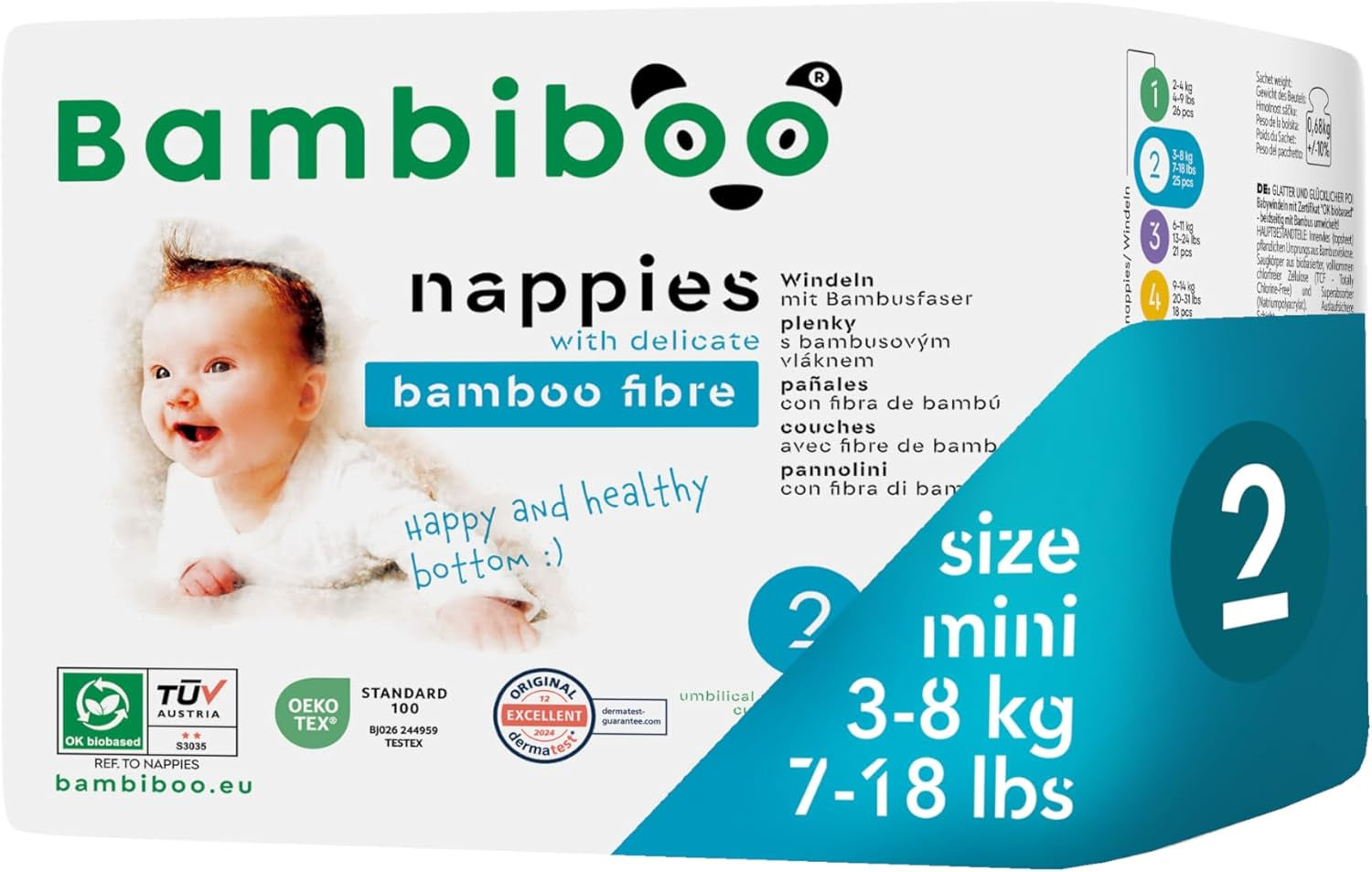 Bambiboo Mini couches jetables respectueuses de la peau avec ouverture ombilicale en fibre de bambou douce - Couches pour nouveau-nés - Couches jetables pour nouveau-nés - Protection de la peau - Taille 2, 25 pcs
