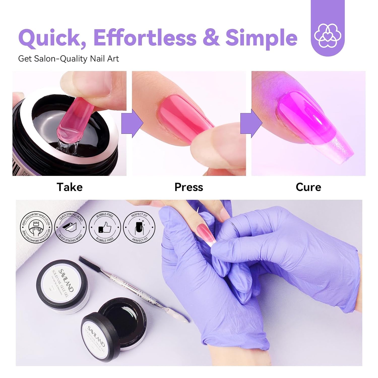 Saviland Colle solide pour pointes d'ongles : 2 pièces 15 g de colle artificielle extra forte à pression sur les ongles, colle UV gel pour femmes, salon de maison, bricolage, lampe UV/LED durcie