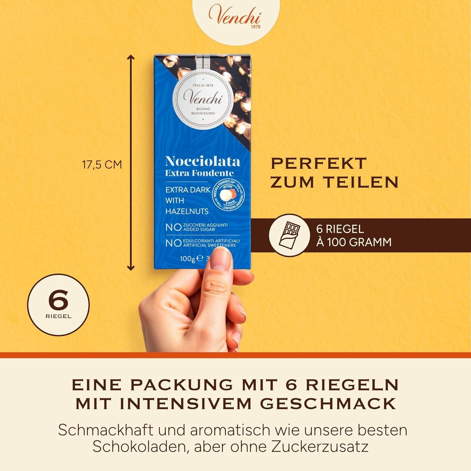 Venchi - Pack de 6 tablettes de chocolat noir aux noisettes, 600g - Sans sucre ajouté - Sans édulcorants artificiels - Sans gluten - Vegan - Idée cadeau