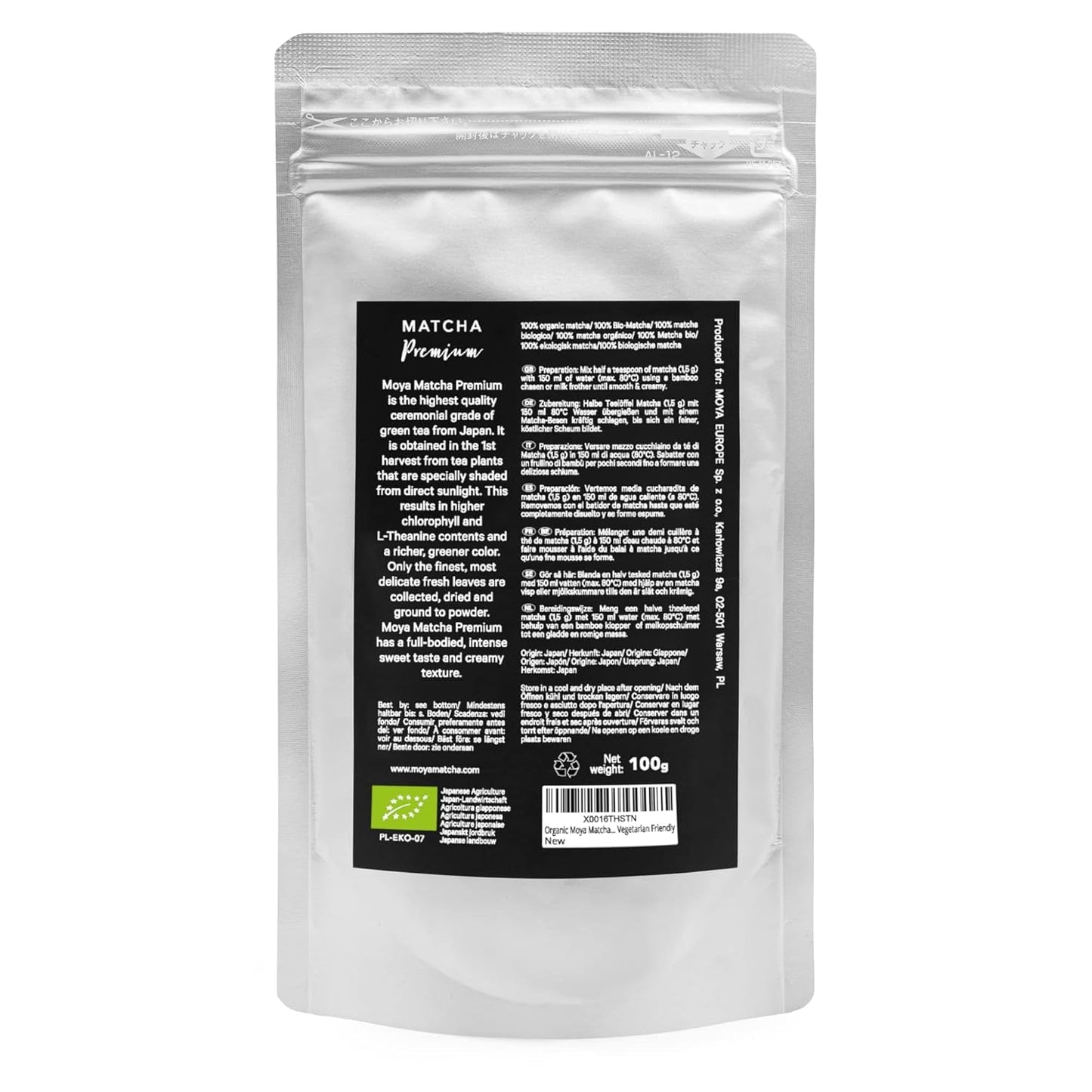 Thé vert biologique Moya Matcha en poudre | 100 g qualité premium pour cérémonie | Cultivé et récolté biologiquement à Uji, Japon | Poudre de thé vert Matcha | Idéal pour la cérémonie japonaise du thé à l'eau