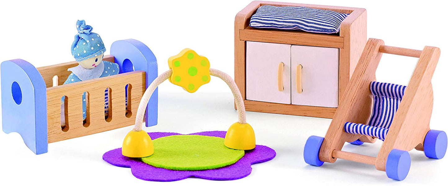 E3401 - Maison Quatre Saisons (meublée), maison de poupée avec accessoires, en bois et E3459 - Chambre bébé