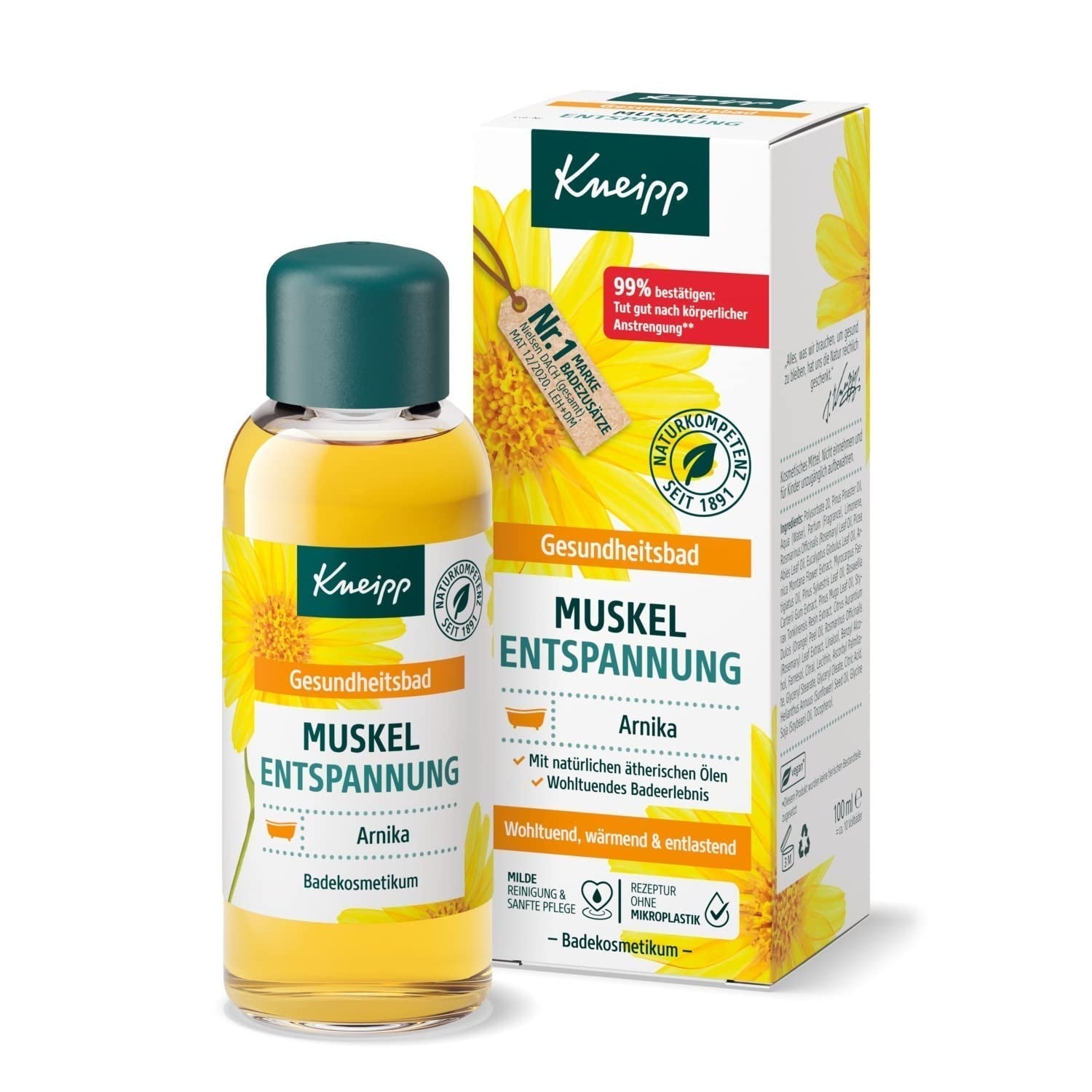 Bain Santé Kneipp, Relaxation musculaire, Huile de bain à l'extrait d'arnica et aux huiles essentielles des espèces de Cabreuva, Romarin et Pinus, revitalise et cicatrise après un effort physique, 100 ml Naty Shop