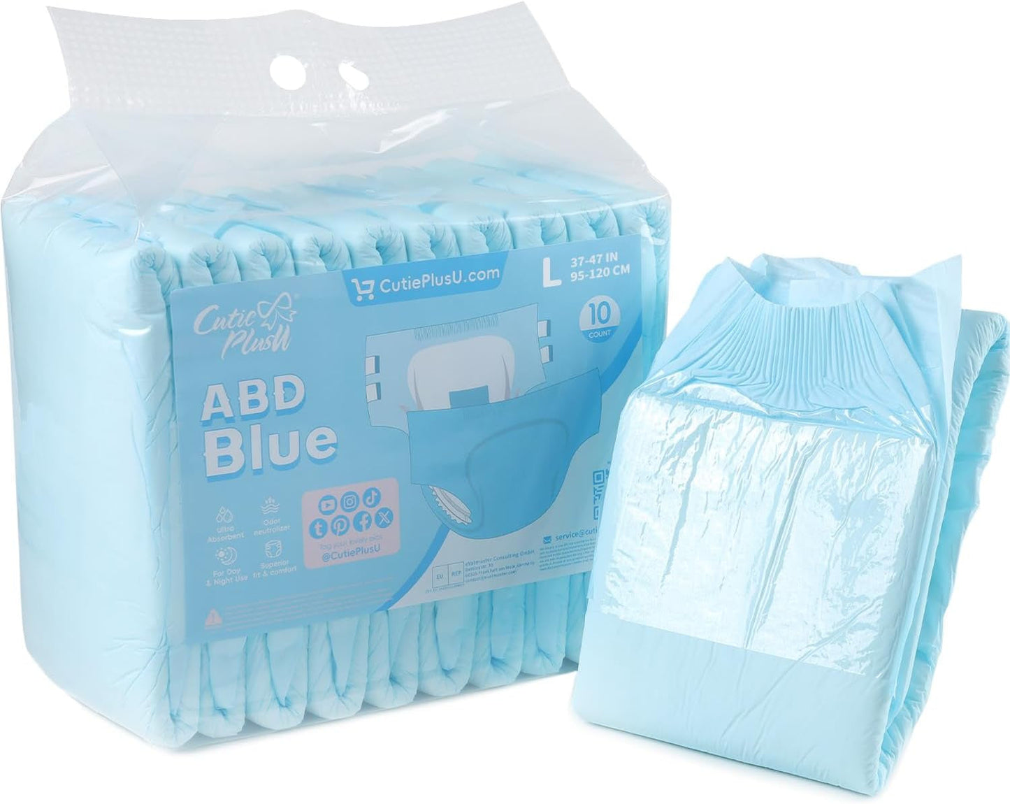 CutiePlusU Lot de 10 couches jetables pour incontinence avec boucles pour femme et homme, absorption maximale pendant la nuit – Bleu (grande taille 94-119 cm)