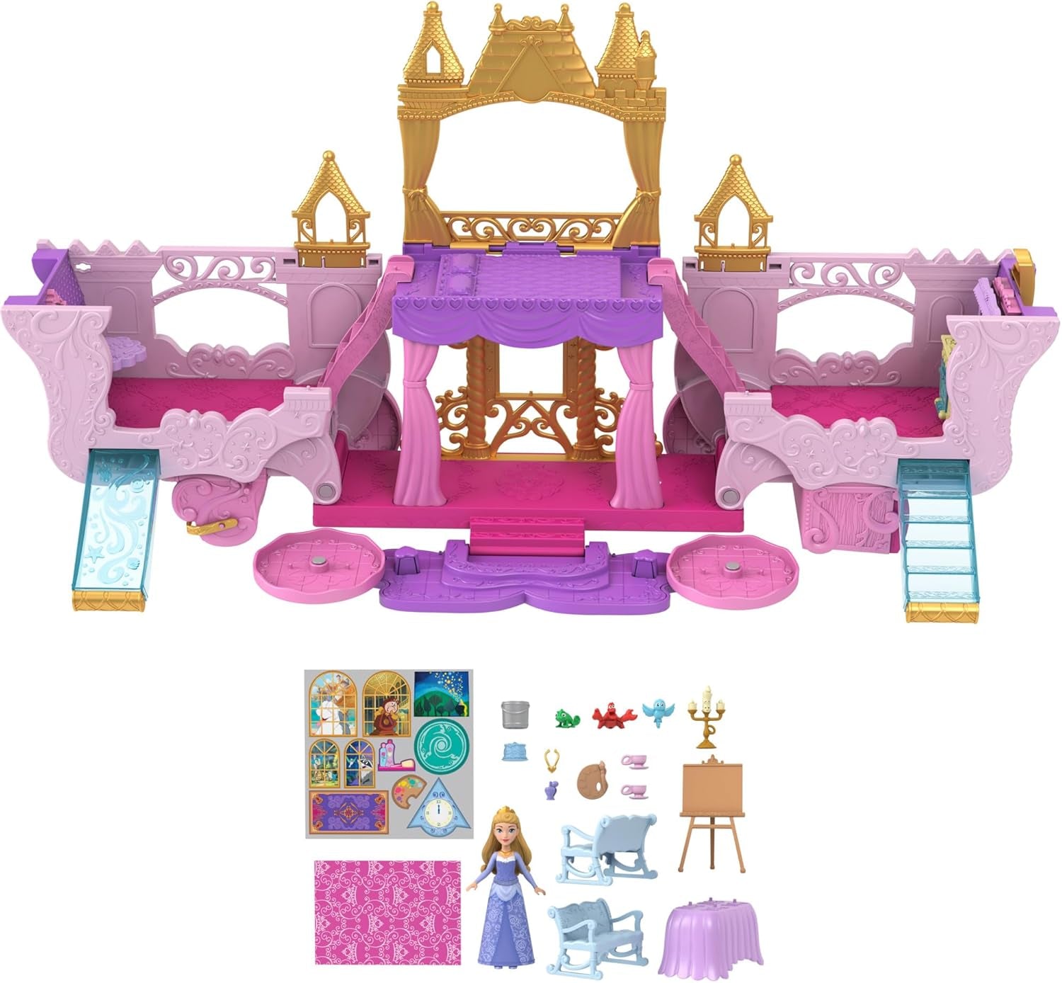 Mattel Disney Princess Transformation Playset Transport au château avec mini poupée Aurora, 3 niveaux, 6 aires de jeu, 4 figurines, meubles et accessoires HWX17