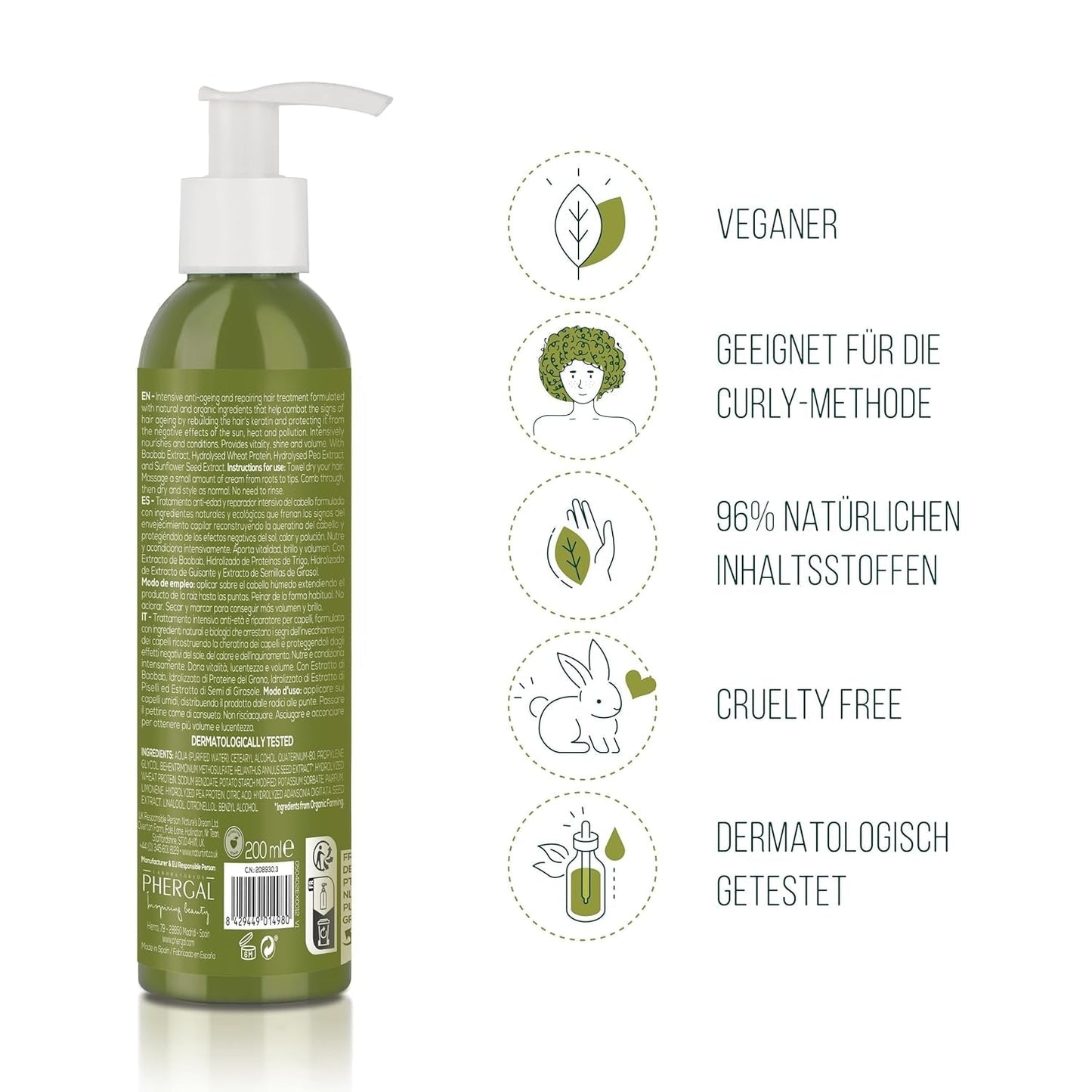 Crème CC teinte naturelle. Masque capillaire sans rinçage. Pour cheveux secs et abîmés. Répare et hydrate. 96% d'ingrédients naturels. Masque capillaire Naty Shop 200 ml