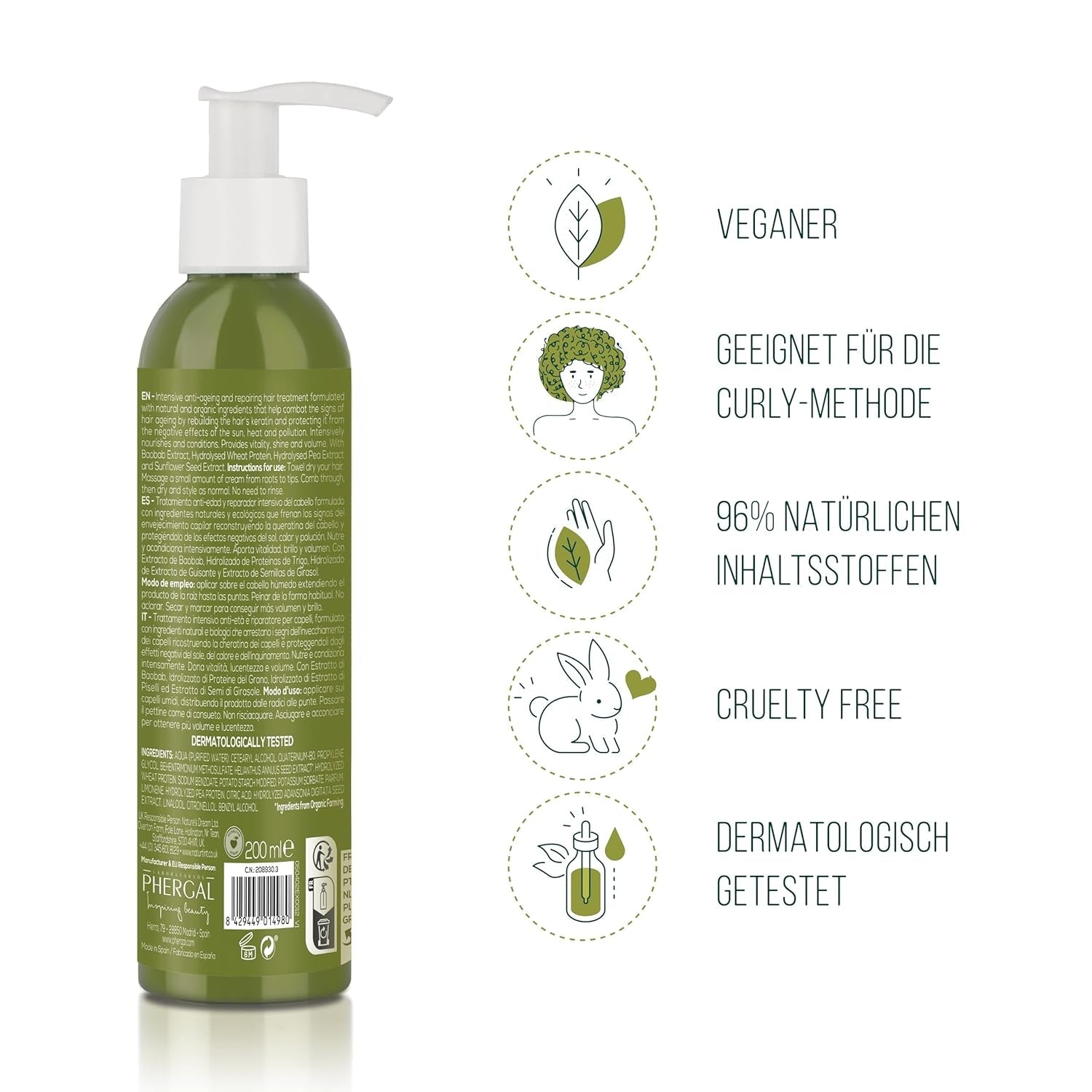 Crème CC teinte naturelle. Masque capillaire sans rinçage. Pour cheveux secs et abîmés. Répare et hydrate. 96% d'ingrédients naturels. Masque capillaire Naty Shop 200 ml