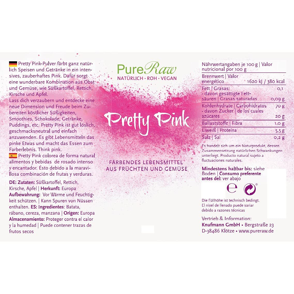 Pretty Pink Natürliche Lebensmittelfarbe Pulver Rosa (Roh Vegan) Pastel Rose Bis Intensiv Rosa-Rot - Essbare Farbe Für Lebensmittel Aus Früchten Und Gemüse - Colorant Alimentaire Naturel | Pureraw 5G Naty Boutique