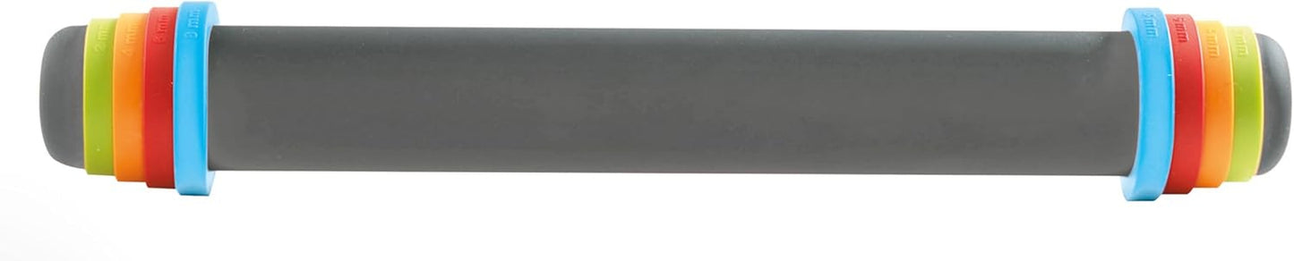 MASTRAD - Rouleau à pâtisserie - Gris - avec anneaux réglables - 2 mm pour pâte fraîche, 4 mm pour gâteaux, 6 mm pour sablés, 8 mm pour pizza - en silicone - avec revêtement antiadhésif - Sans BPA - 41 cm