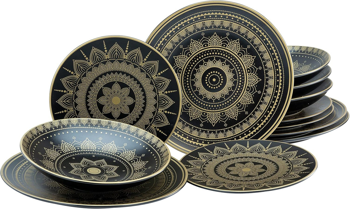CreaTable, 23588, Série MANDALA GOLD - Noir, Service de table 12 pièces, Service d'assiettes en porcelaine, Passe au lave-vaisselle et au micro-ondes, Fabrication de qualité