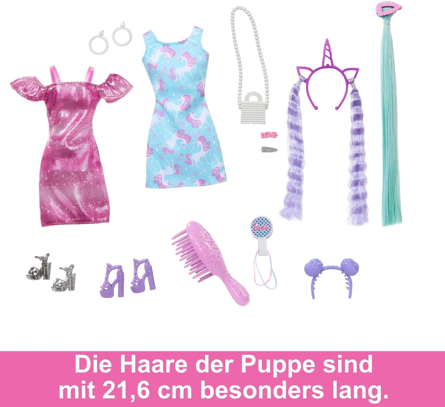 Poupée Barbie cheveux élégants et amusants avec cheveux noirs colorés extra longs et robe rose scintillante 10 accessoires de coiffure et de mode JDC86