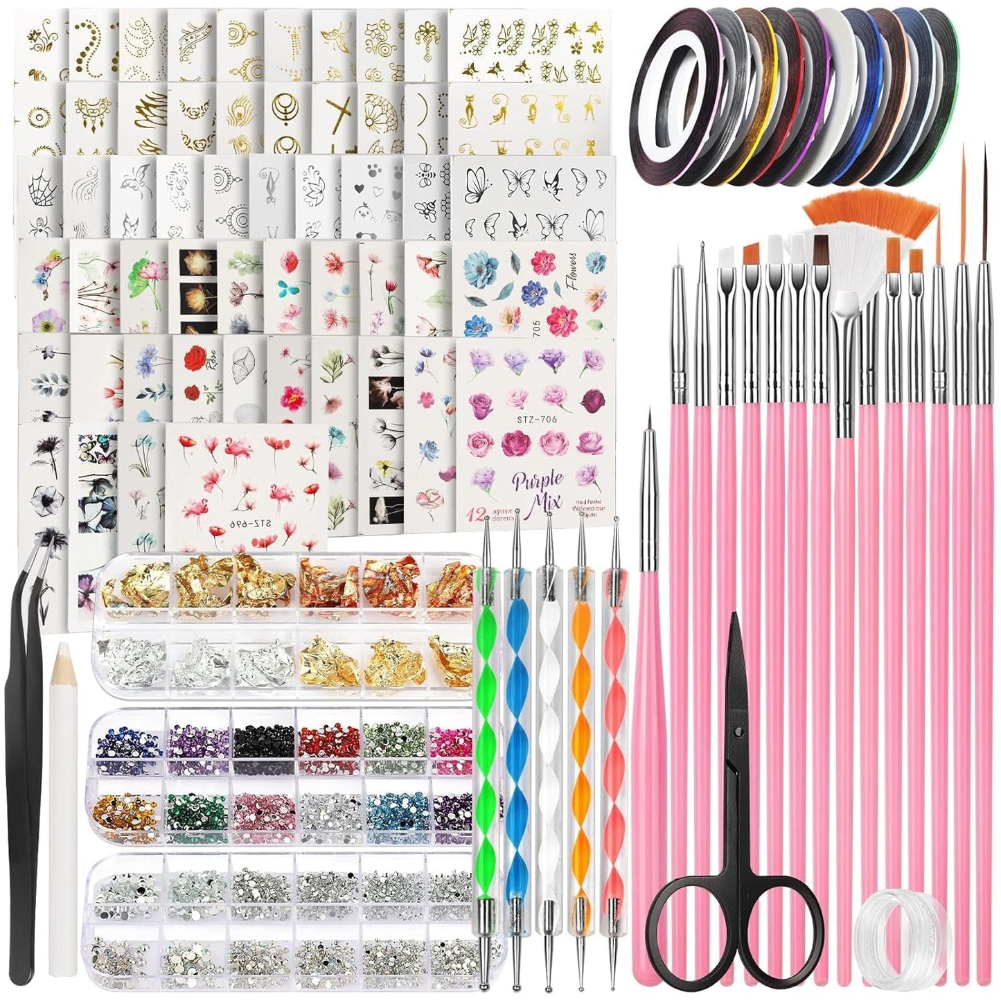 FANDAMEI 54 Blätter Wassertransfer Nagelsticker & Nail Art Pinsel Set, Stylos à pointillés, Blattgold pour l'art de l'art, bande de strass, strass, travail et décoration, ensemble pour l'art de l'art
