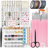 FANDAMEI 54 Blätter Wassertransfer Nagelsticker & Nail Art Pinsel Set, Stylos à pointillés, Blattgold pour l'art de l'art, bande de strass, strass, travail et décoration, ensemble pour l'art de l'art