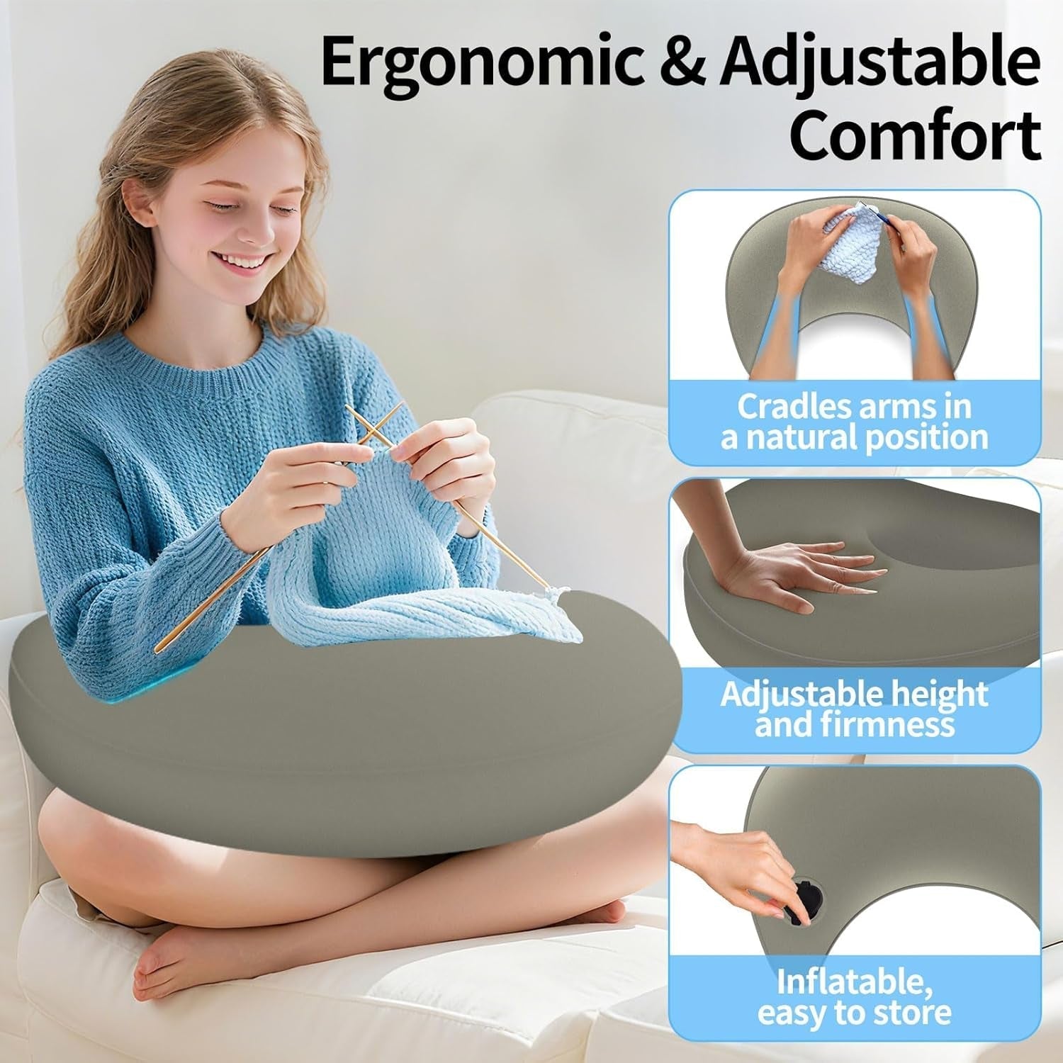 Oreiller de lecture et oreiller de jeu, oreiller de lecture gonflable portable avec sac de rangement, oreiller ergonomique au crochet pour lire, jouer, crocheter et travailler