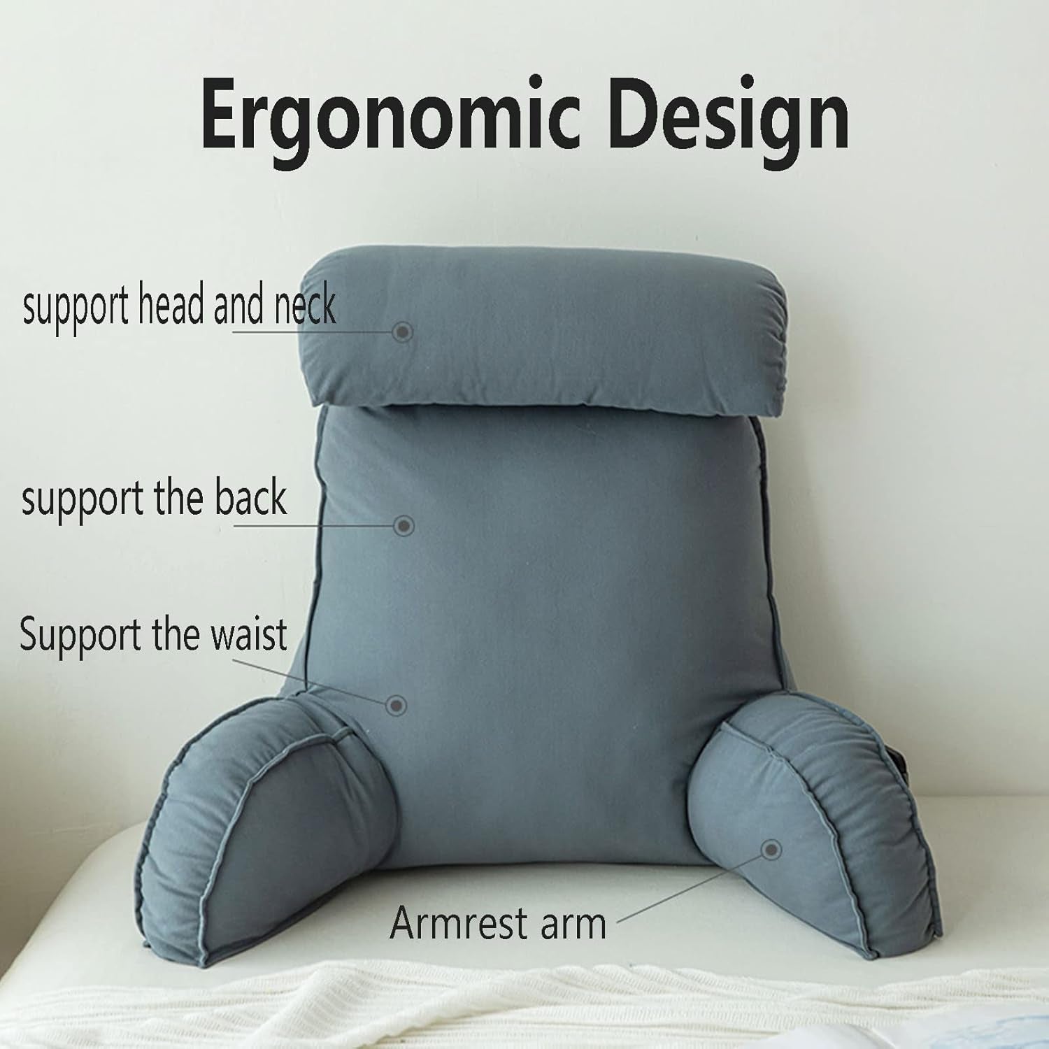Oreiller de lecture avec accoudoirs, coussin de dossier de canapé, coussin de livre pour lit, avec tour de cou amovible, coussin de soutien de chaise pour se détendre, jouer, lire, regarder la télévision, couleur champagne