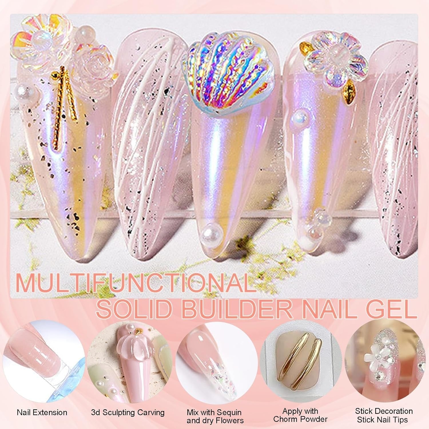 NAILGIL Vernis à ongles en gel solide, colle à ongles en gel solide, sculpture d'art d'ongle 3D avec ensemble d'outils, salon de bricolage à domicile, transparent 15G