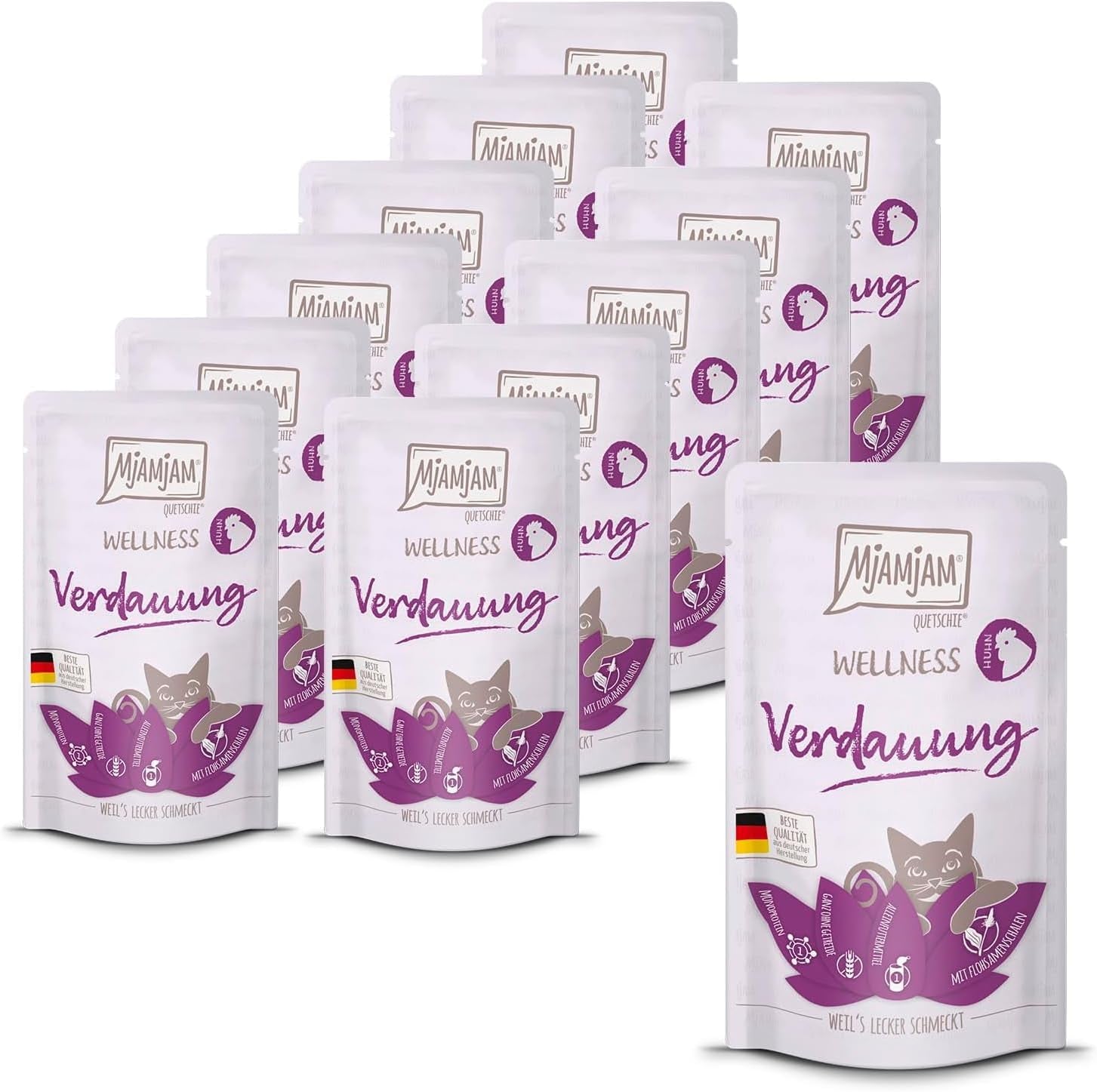 MjAMjAM - Nourriture humide premium pour chat - Bien-être - Digestif - Poulet, pack de 12 (12 x 125g), sans céréales