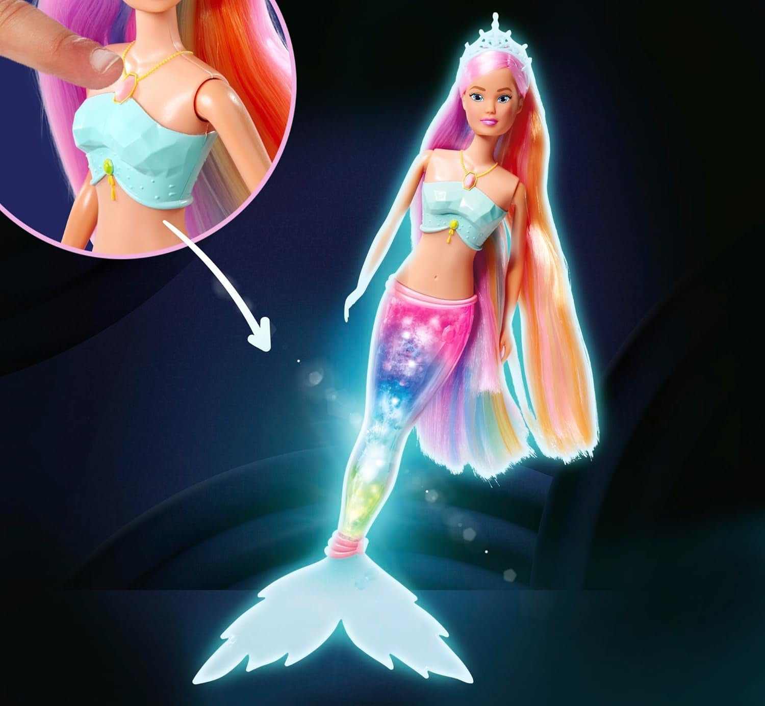 Steffi Love Magic Rainbow Mermaid, poupée sirène avec fonction de lumière arc-en-ciel magique et cheveux extra longs, 39 cm, à partir de 3 ans