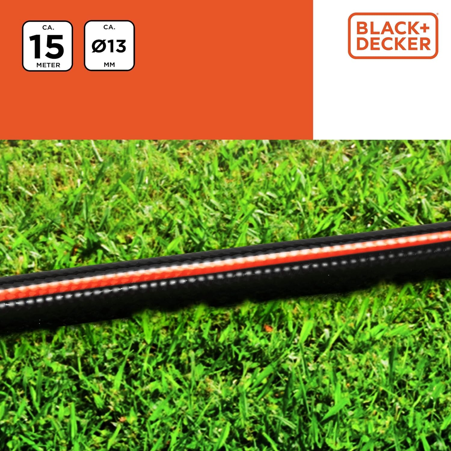 Tuyau d'arrosage BLACK+DECKER 15 mètres - Ø13MM - PVC résistant - Arrosage du jardin, lavage de la voiture, remplissage de la piscine - Compatible avec tout robinet standard - Noir/Orange