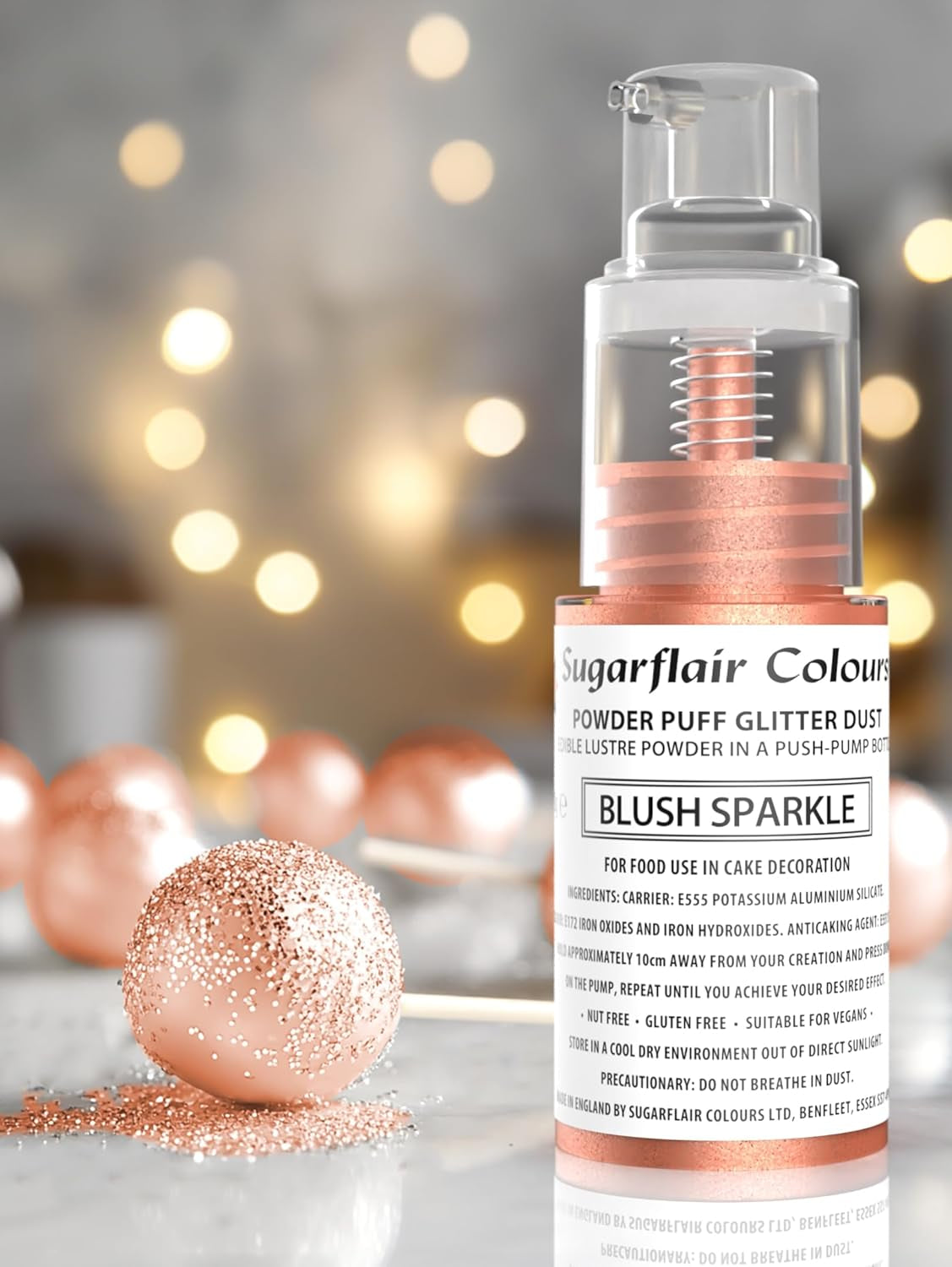 Sugarflair Pump Powder Spray, Glitter, Blush, Glitter - colorant alimentaire pour gâteau, spray non aérosol pour gâteaux, muffins et plus - 10 g