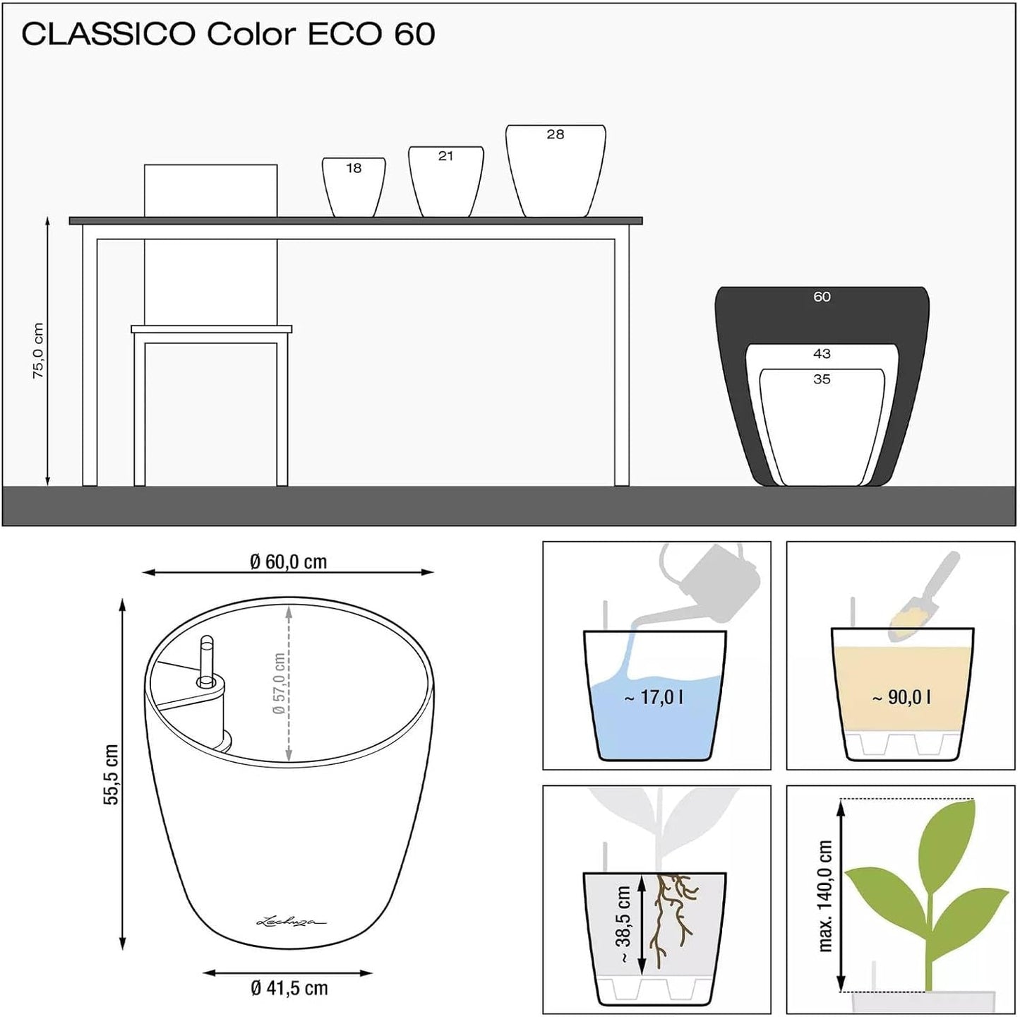 Jardinière LECHUZA Classico Couleur ECO 60 Gris Foncé | Jardinière avec système d'arrosage et indicateur de niveau d'eau | Fabriqué à partir de plastique 100 % recyclé | Finition mate | Ø60 x 55,5 cm | 18955