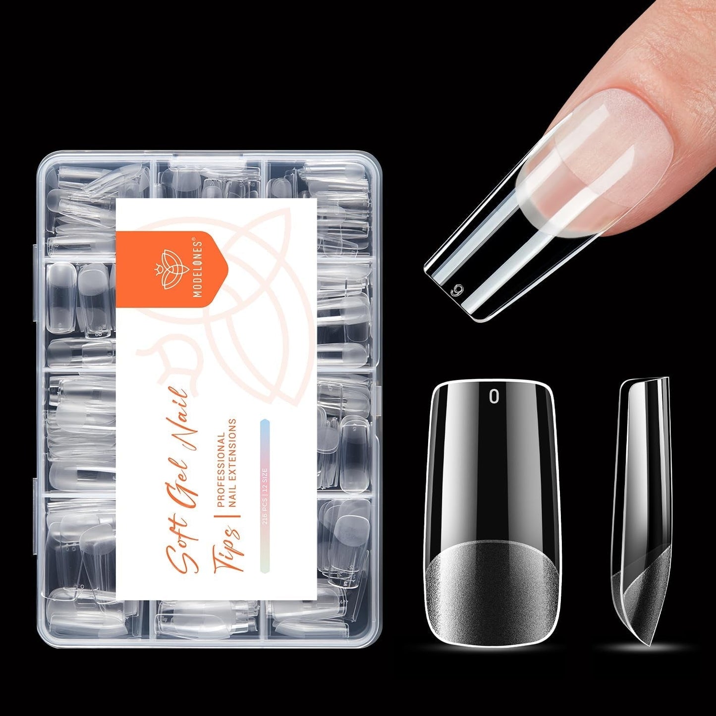 Modelones Nail Tips 216 pièces – Ensemble de pointes d'ongles à couverture complète, ensemble de pointes en gel souple, pointes d'ongles en résine PMMA pré-polissage, colle DIY sur ongles artificiels Nail Art, amandes courtes XS