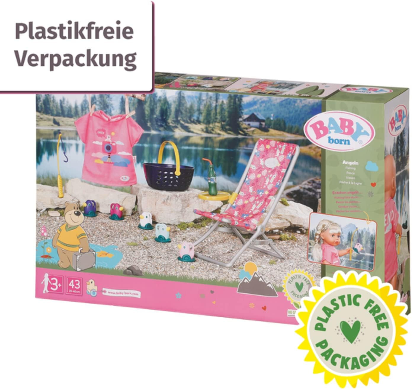 BABY born 832790 Weekend Fishing - Ensemble d'accessoires pour poupée de pêche avec chaise longue aux imprimés vifs, table d'appoint, verre, panier, canetons et canne à pêche et chemise longue rose, Rose