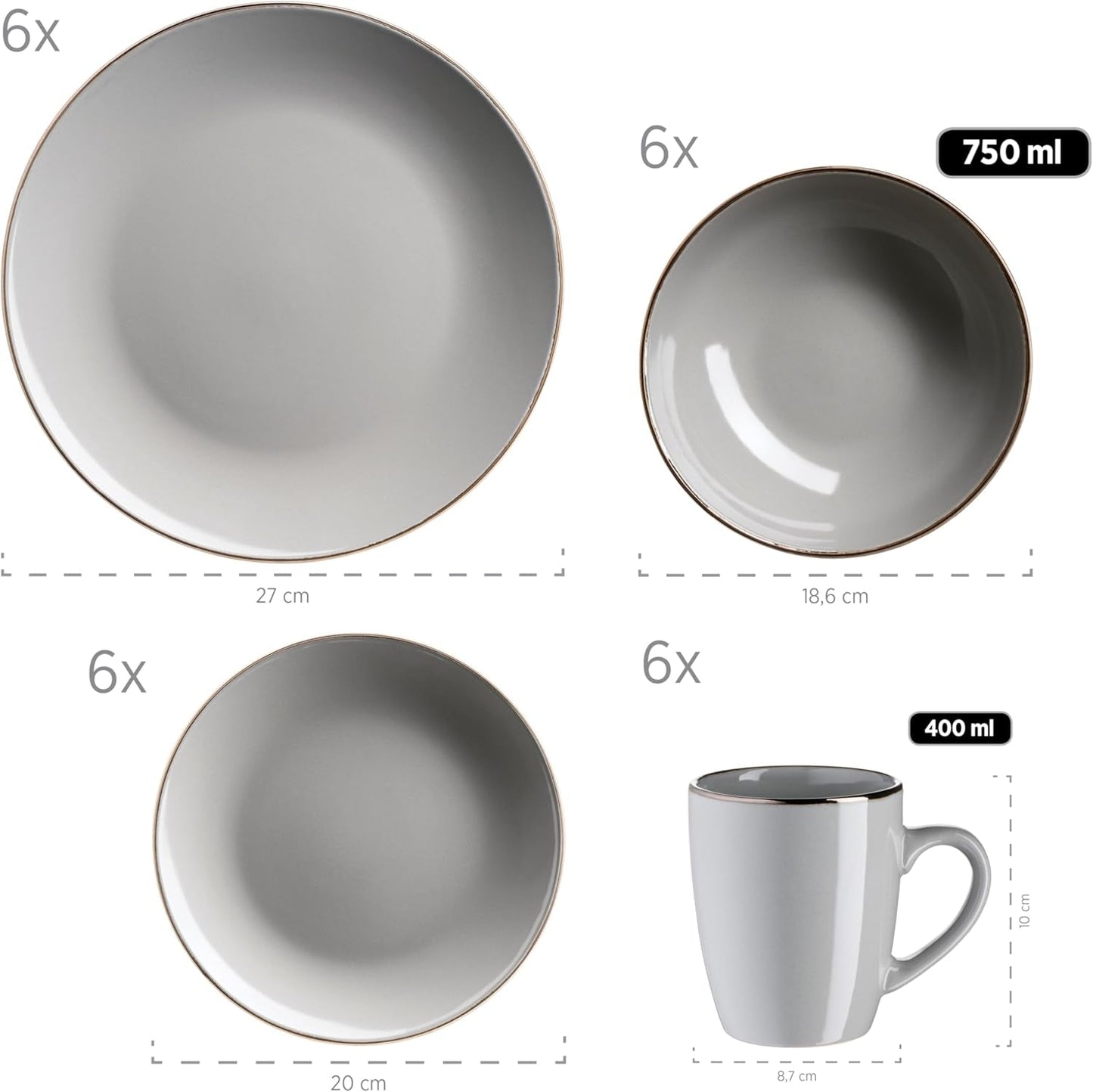 MÄSER Structure en métal, Service de table moderne pour 6 personnes avec structure couleur laiton, Service combiné de 24 pièces avec tasses sans rebord, Grès, Gris