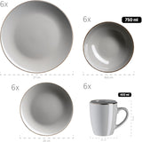 MÄSER Structure en métal, Service de table moderne pour 6 personnes avec structure couleur laiton, Service combiné de 24 pièces avec tasses sans rebord, Grès, Gris